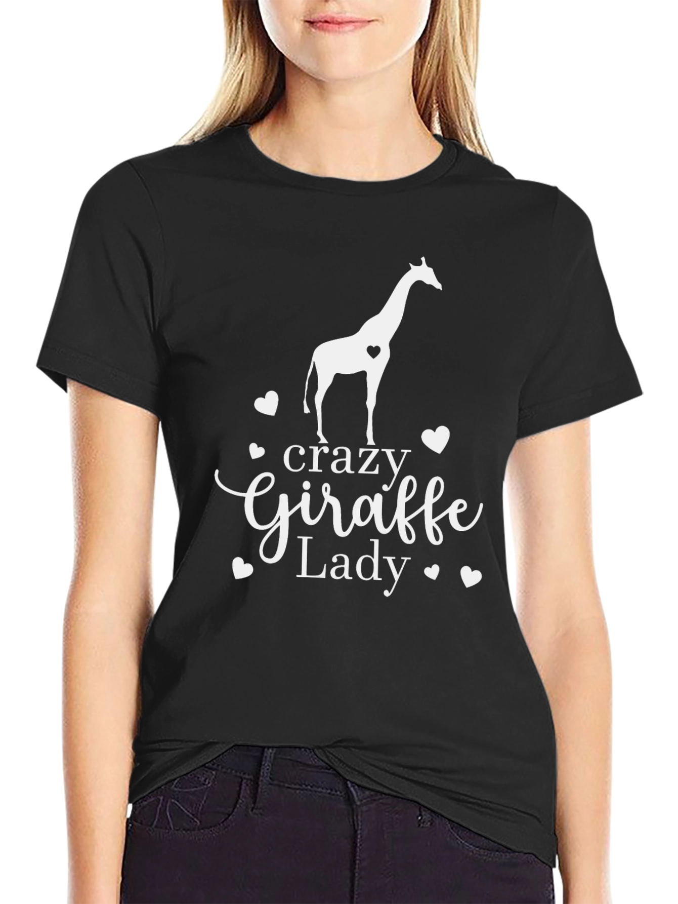 Black Crazy Giraffe Lady T-Shirt - Women's Animal Lover Tee view 2