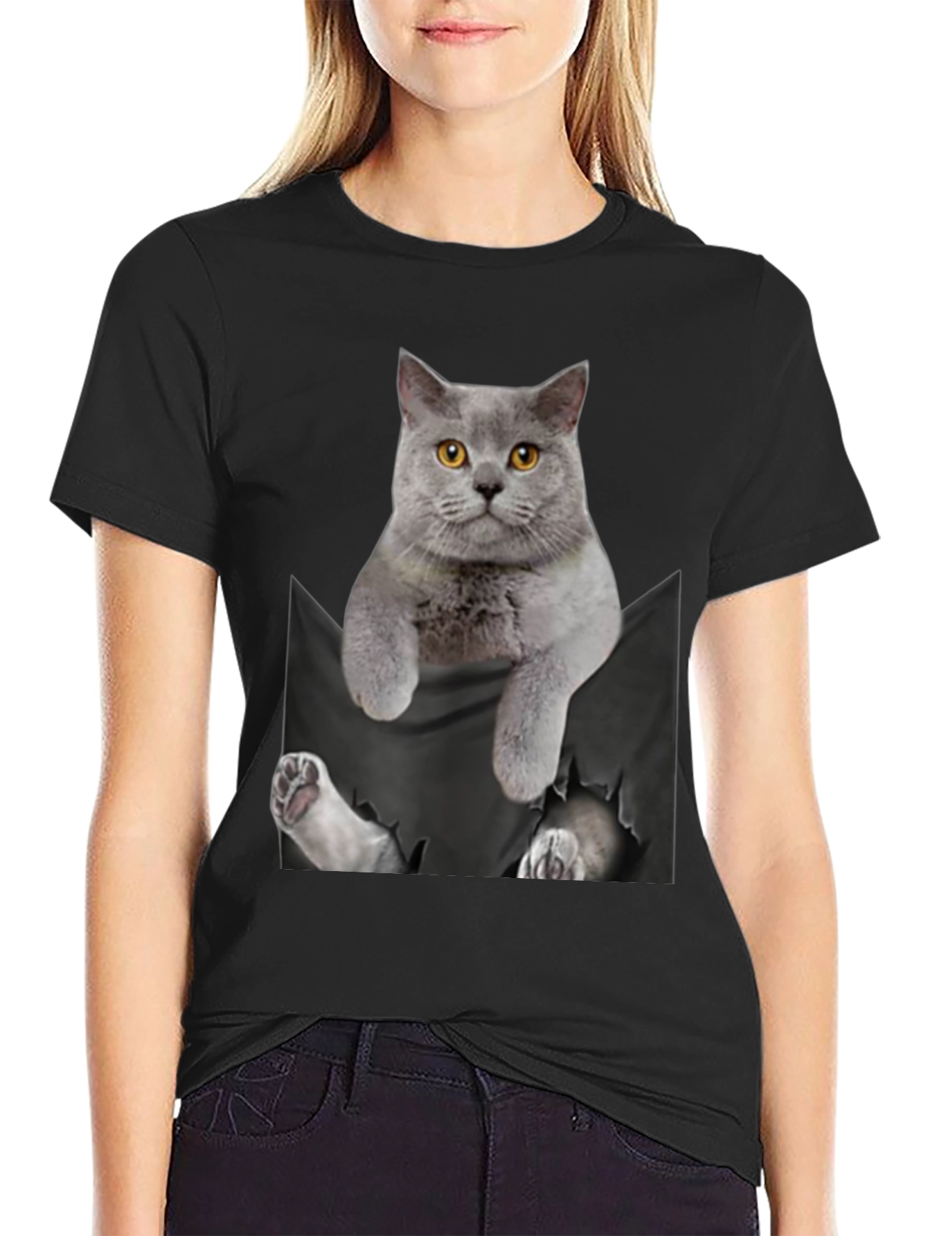 Black Cat Pocket T-Shirt: Hilarious Kitten Peek! view 2