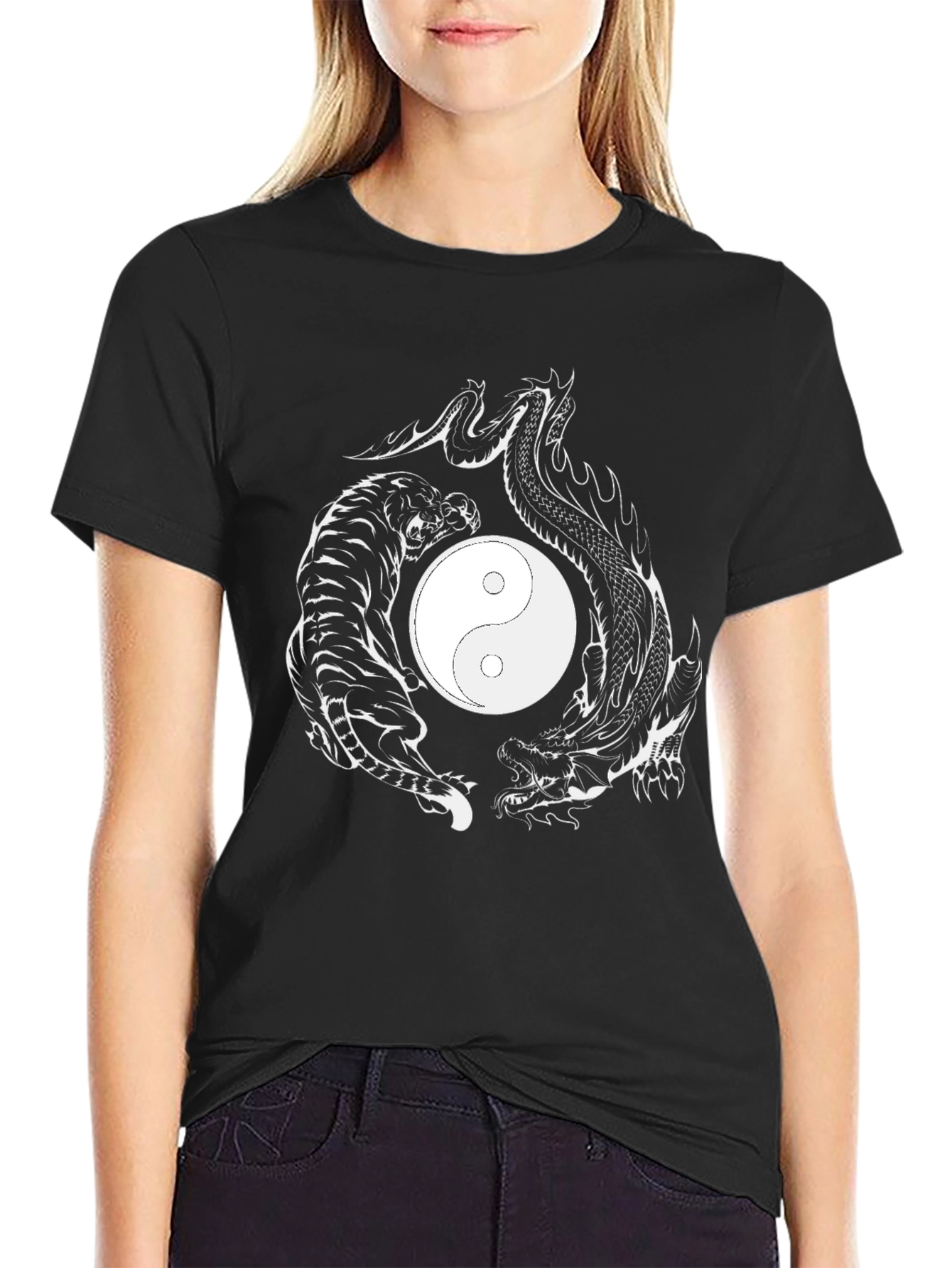 Black Yin Yang Dragon Tiger Graphic Tee - Black Cotton view 2