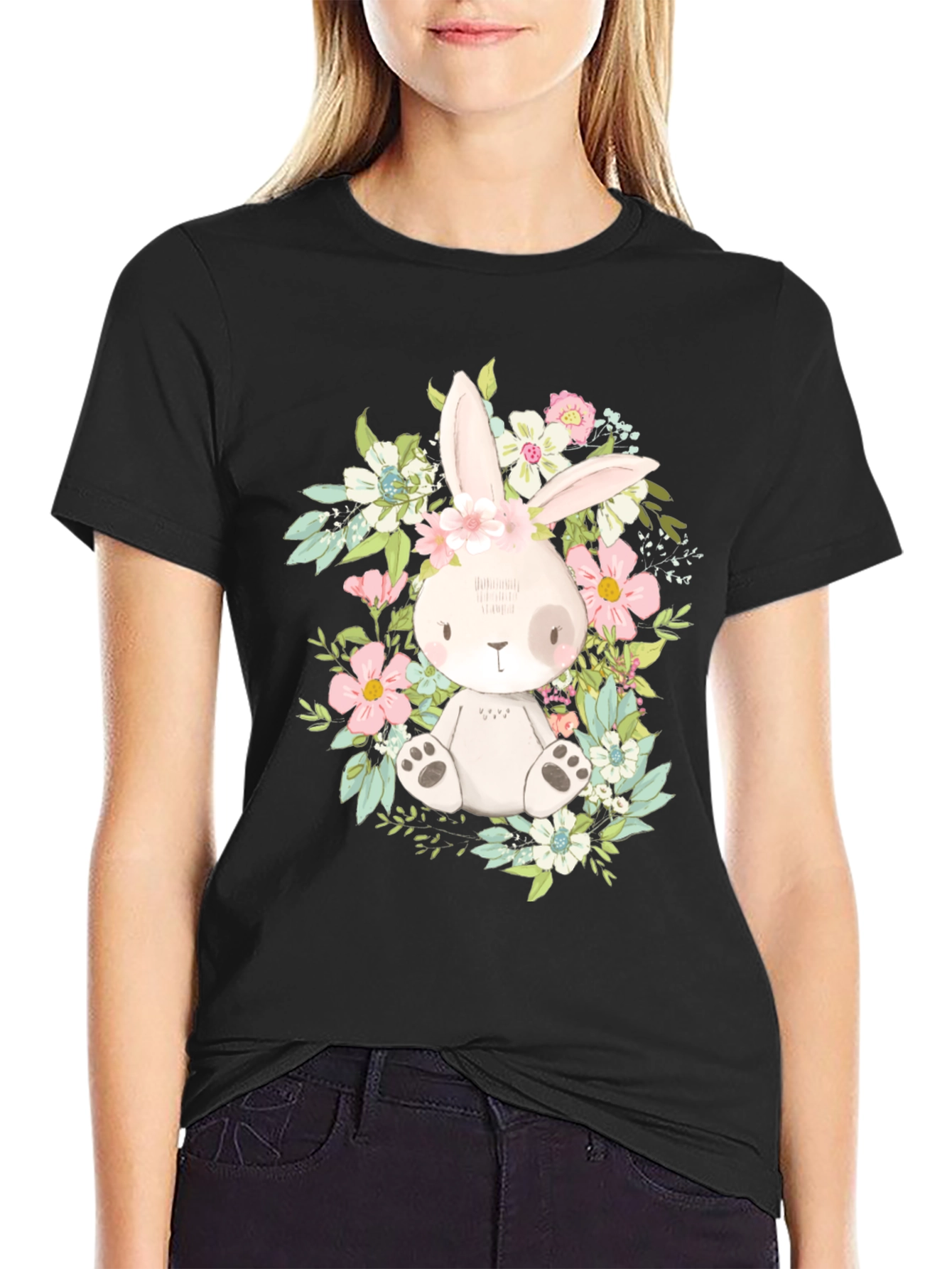 Black Floral Bunny Graphic Tee view 2