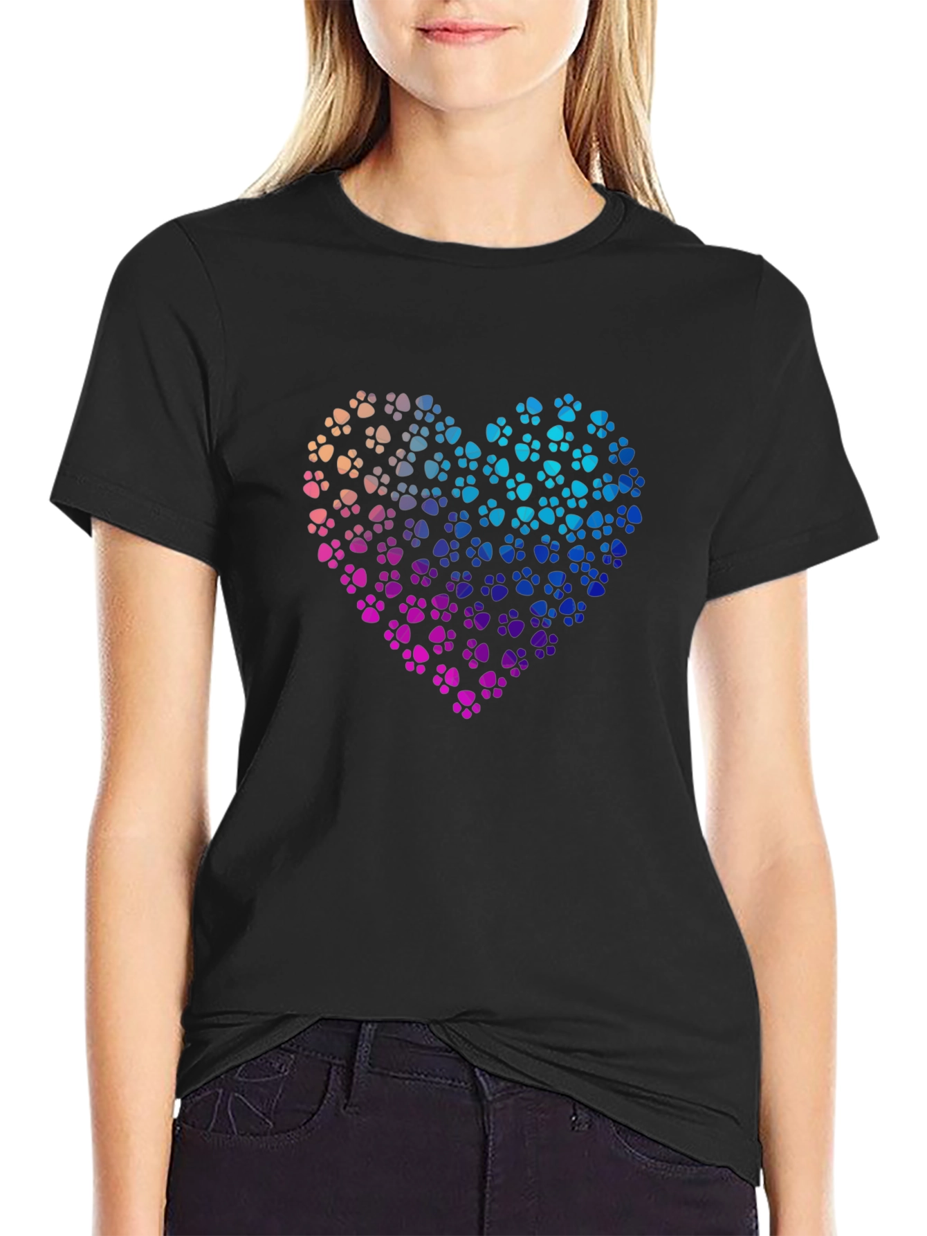 Black Paw Print Heart Graphic T-Shirt - Black view 2