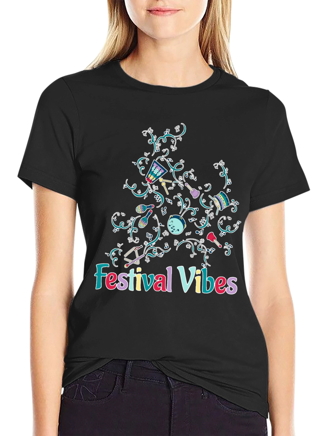 Black Festival Vibes Graphic Tee - Black Cotton T-Shirt view 2