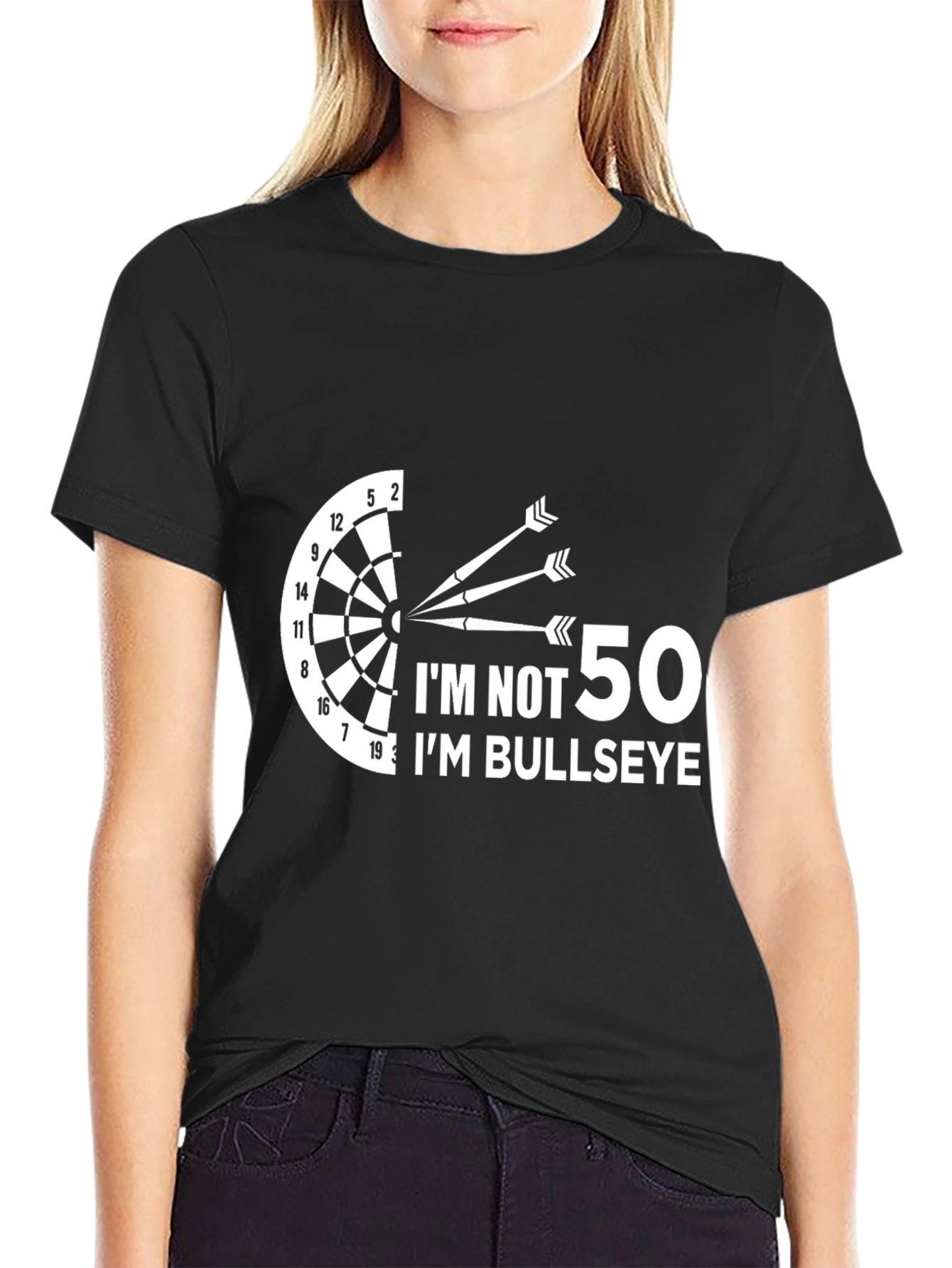 Black Funny Darts T-Shirt - I'm Not 50, I'm Bullseye view 2