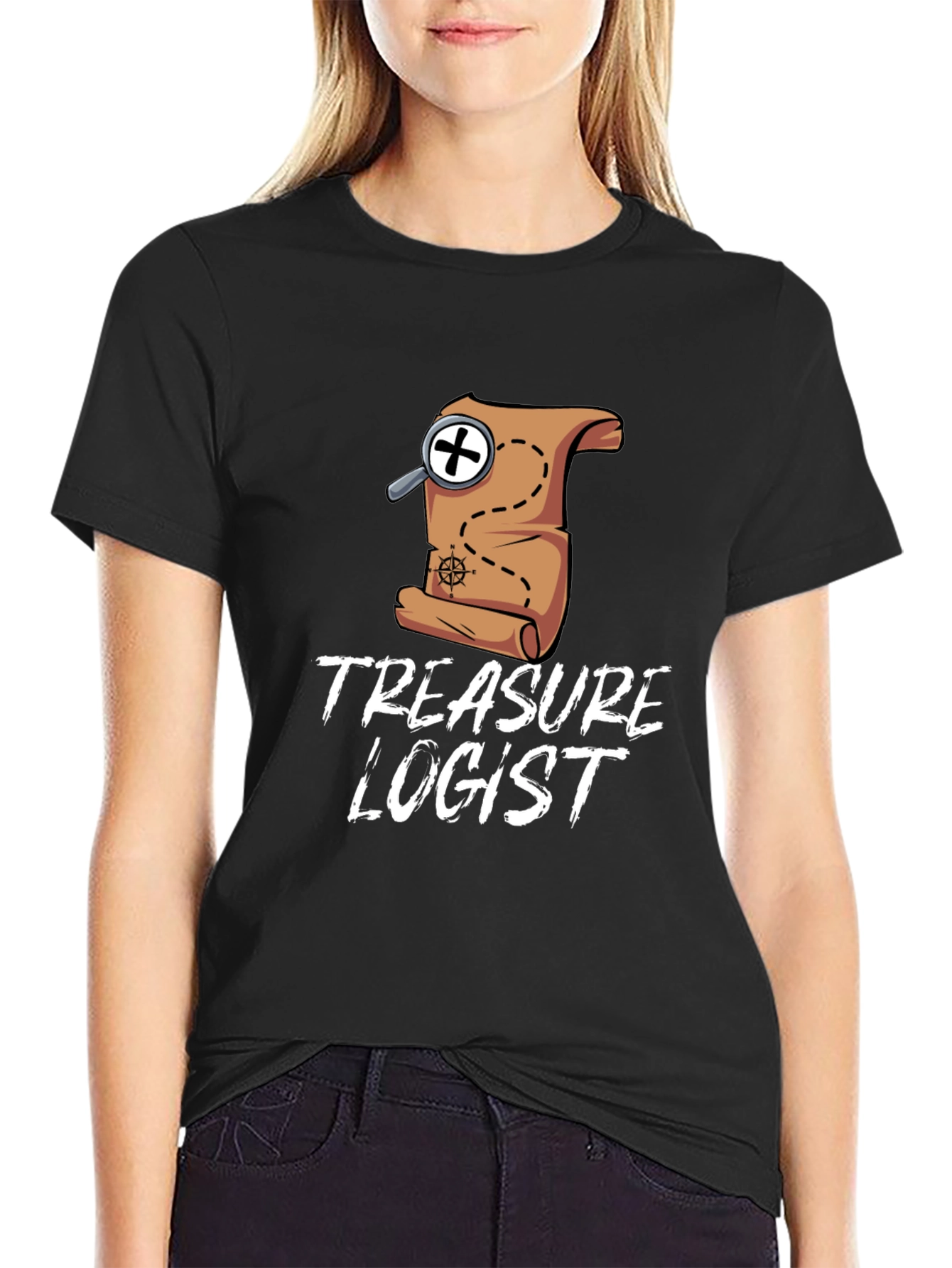 Black Treasure Logist T-Shirt - Map & Magnifying Glass Design view 2