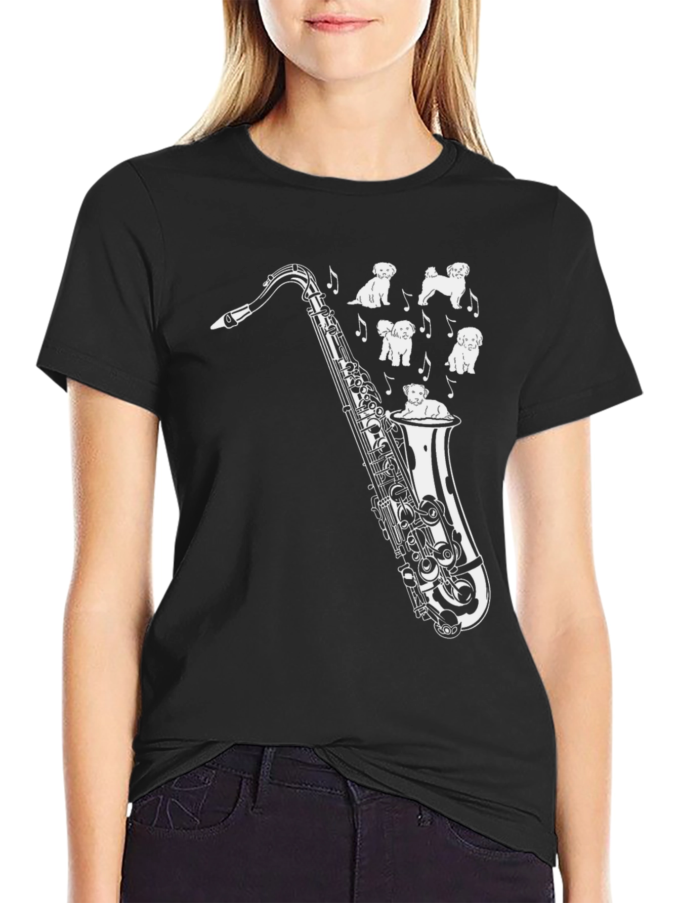 Black Saxophone & Pups Graphic Tee - Men's Black T-Shirt view 2