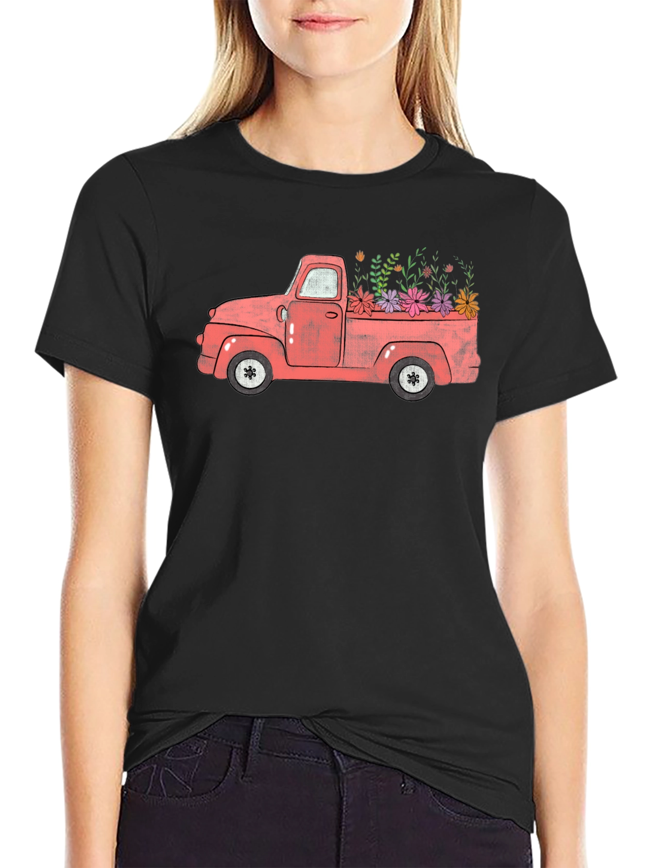 Black Vintage Floral Truck Graphic T-Shirt view 2