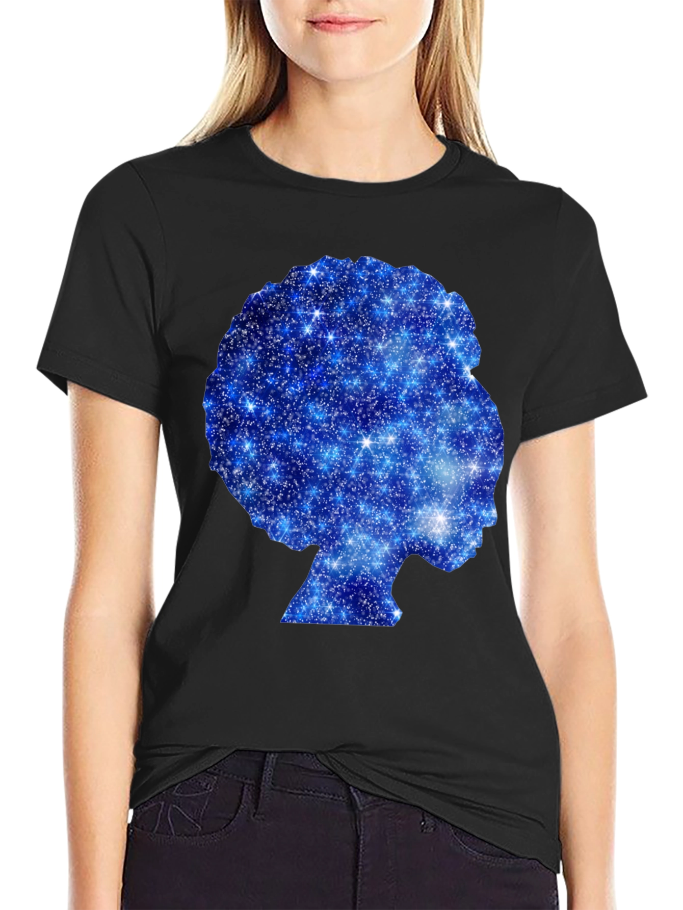 Black Galaxy Afro Woman Silhouette Black T-Shirt view 2