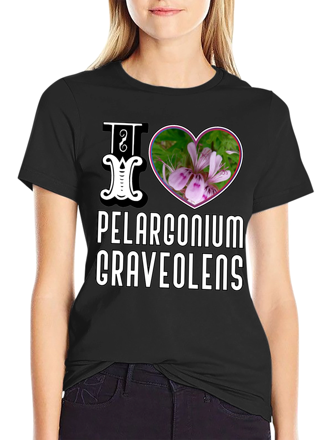 Black I Love Pelargonium Graveolens T-Shirt view 2