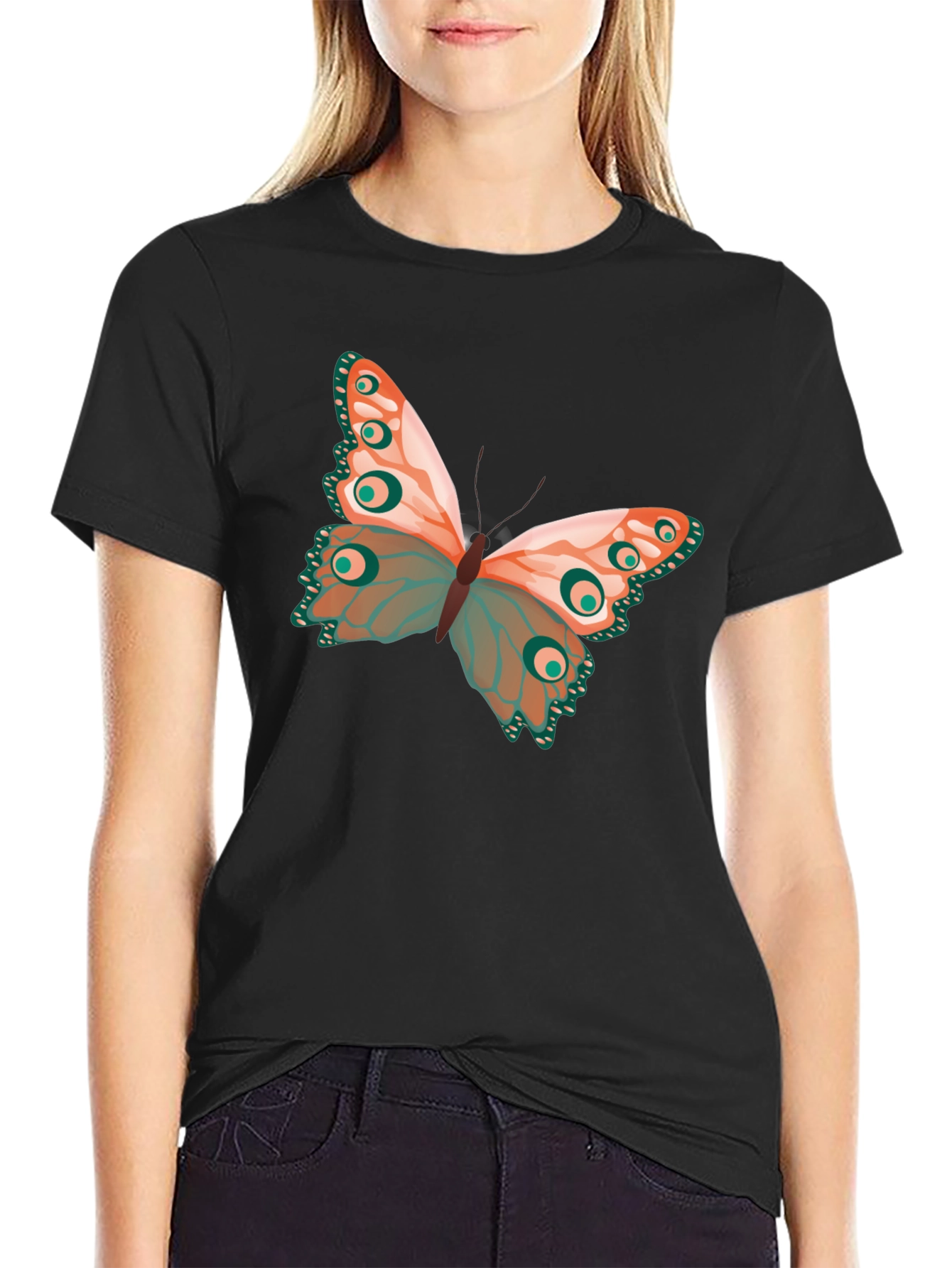 Black Butterfly Graphic Print Crew Neck T-Shirt view 2
