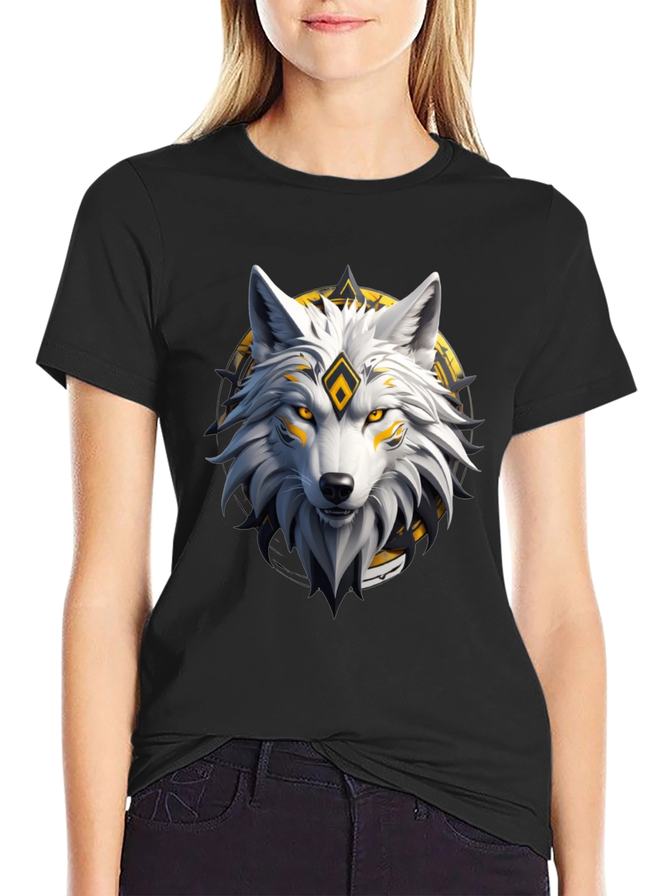 Black Wolf Graphic Print Crew Neck T-Shirt view 2