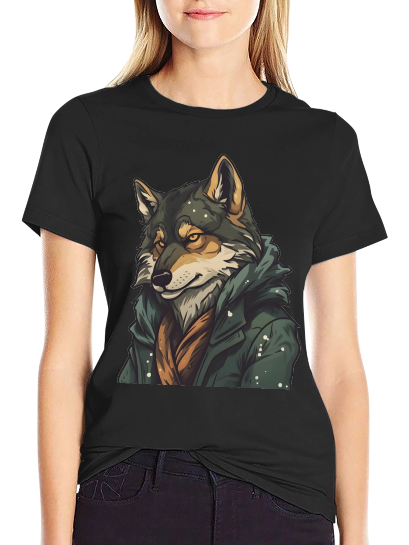 Black Wolf in Coat Graphic T-Shirt - Stylish Animal Tee view 2