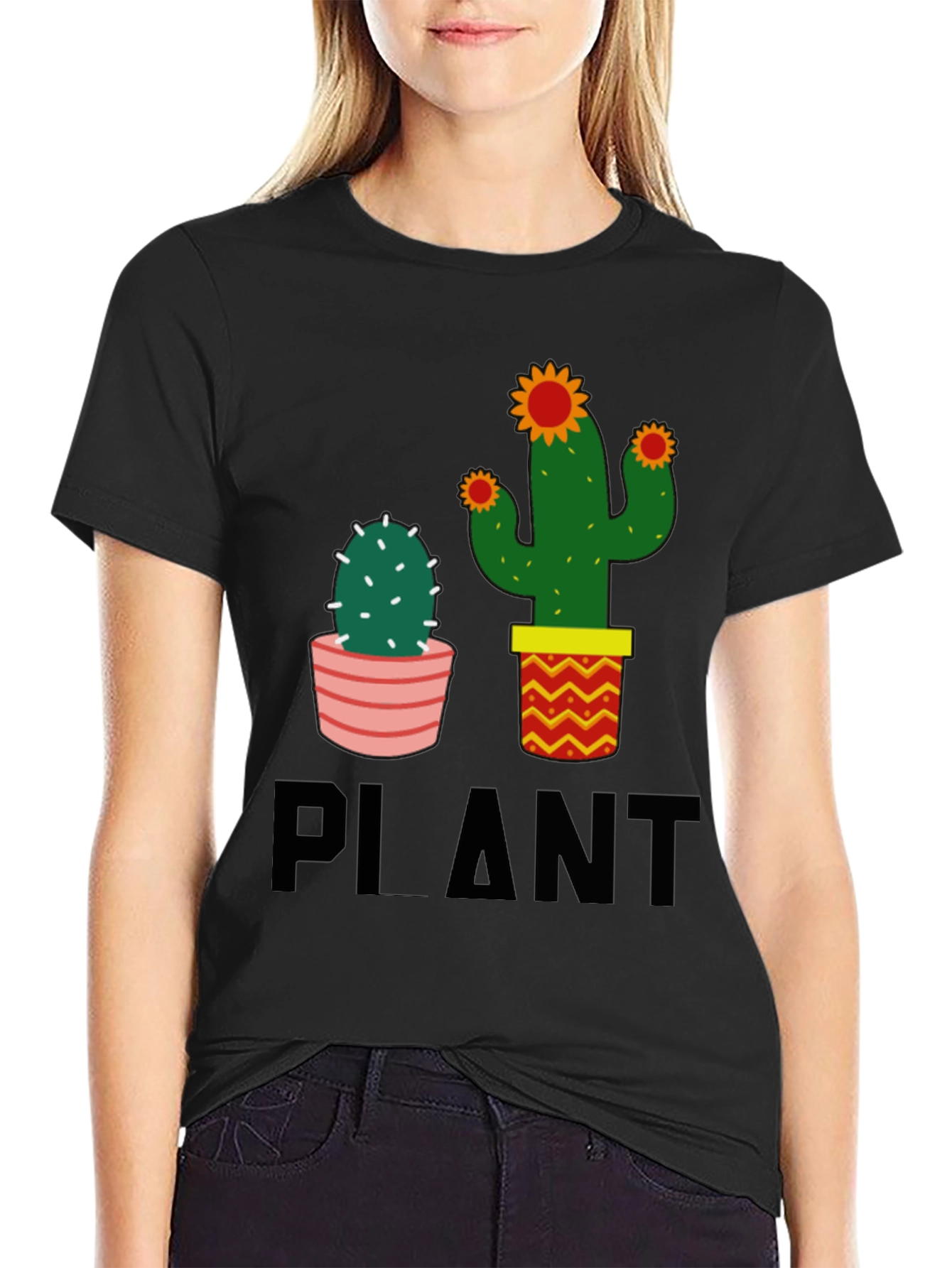 Black Cactus Plant Graphic Tee - Black Cotton Casual T-Shirt view 2