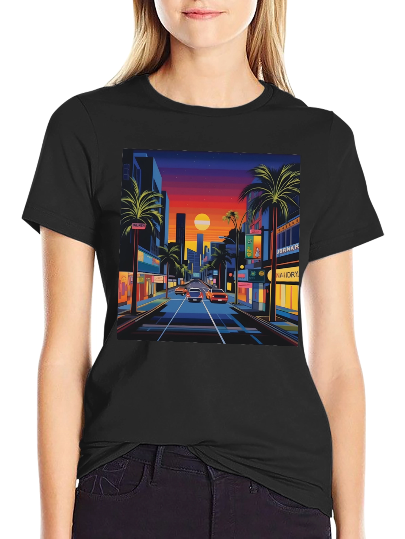 Black Sunset Cityscape Graphic Tee - Retro Style view 2