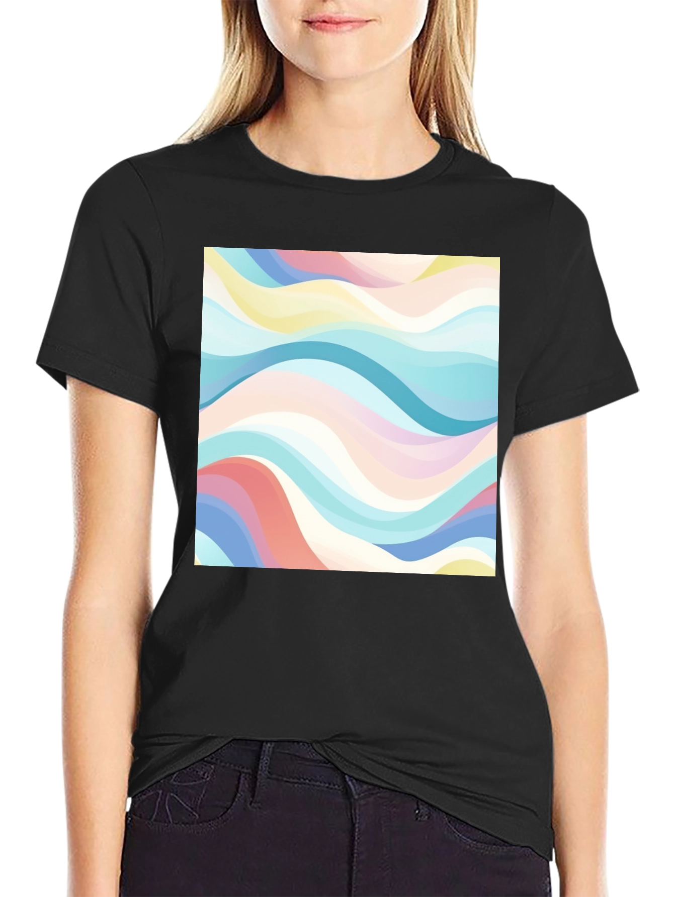 Black Retro Wave Print Black T-Shirt - Casual Style view 2