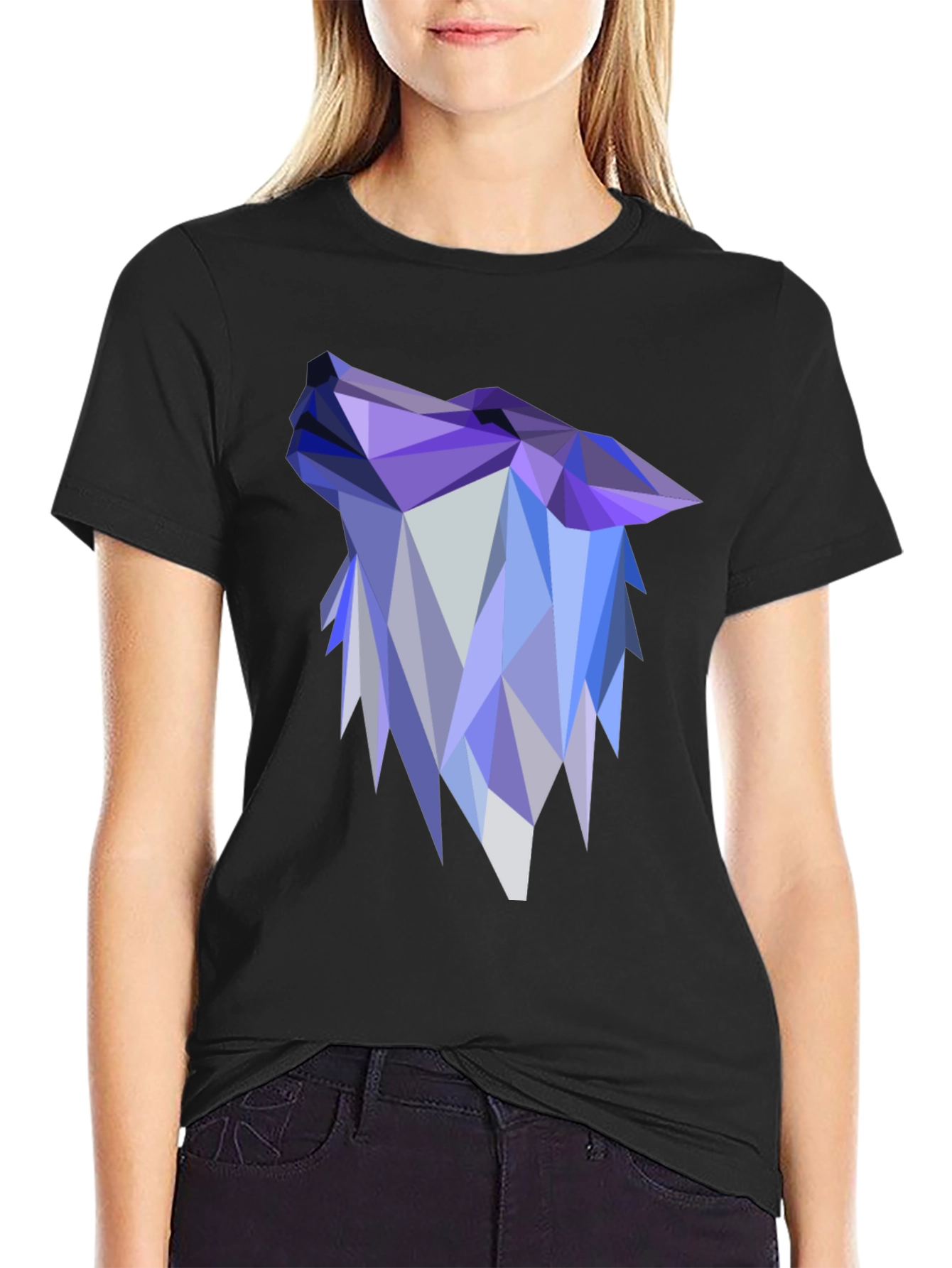 Black Geometric Wolf Head Graphic Black T-Shirt view 2