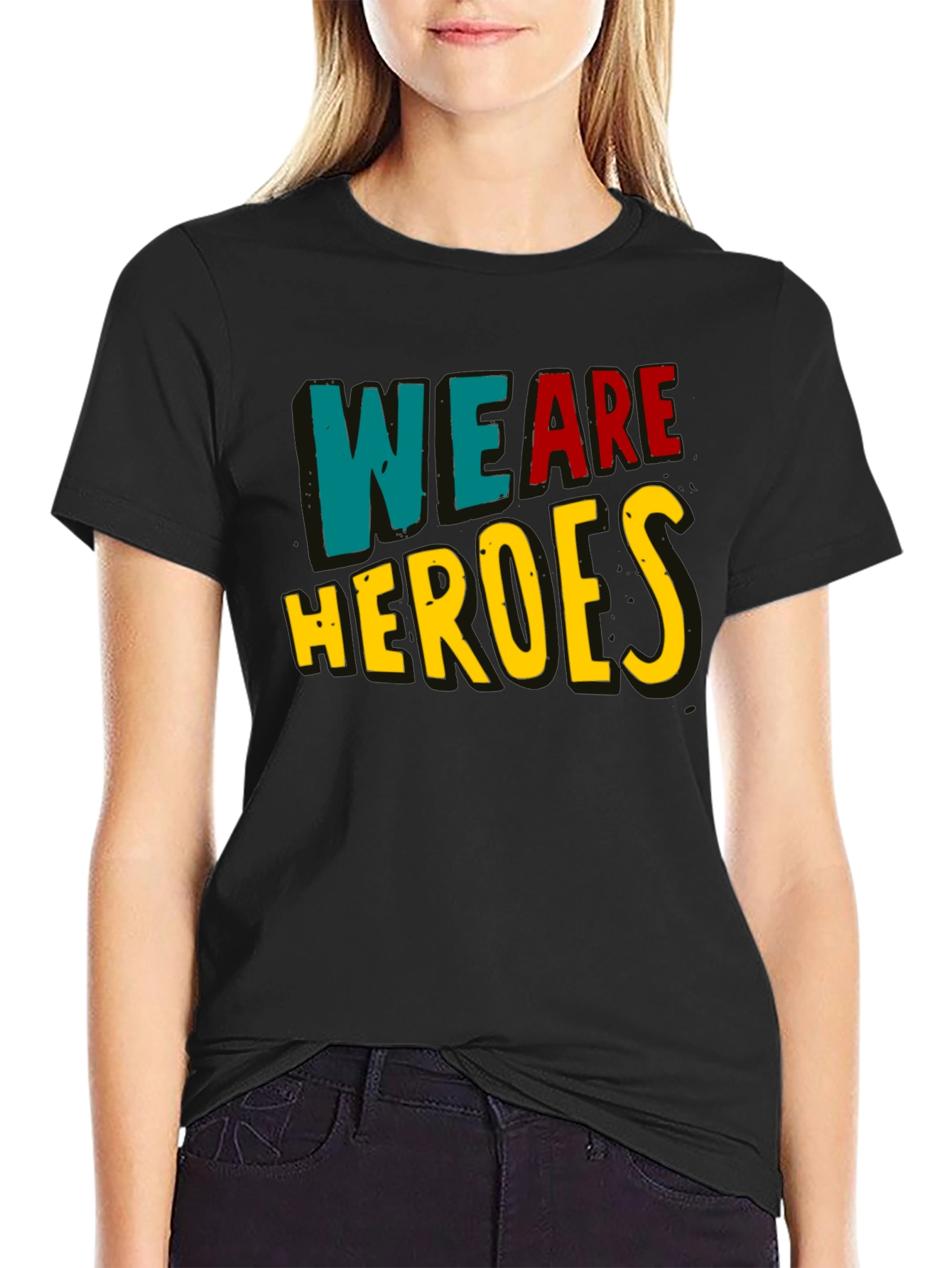 Black We Are Heroes T-Shirt - Black Crew Neck view 2