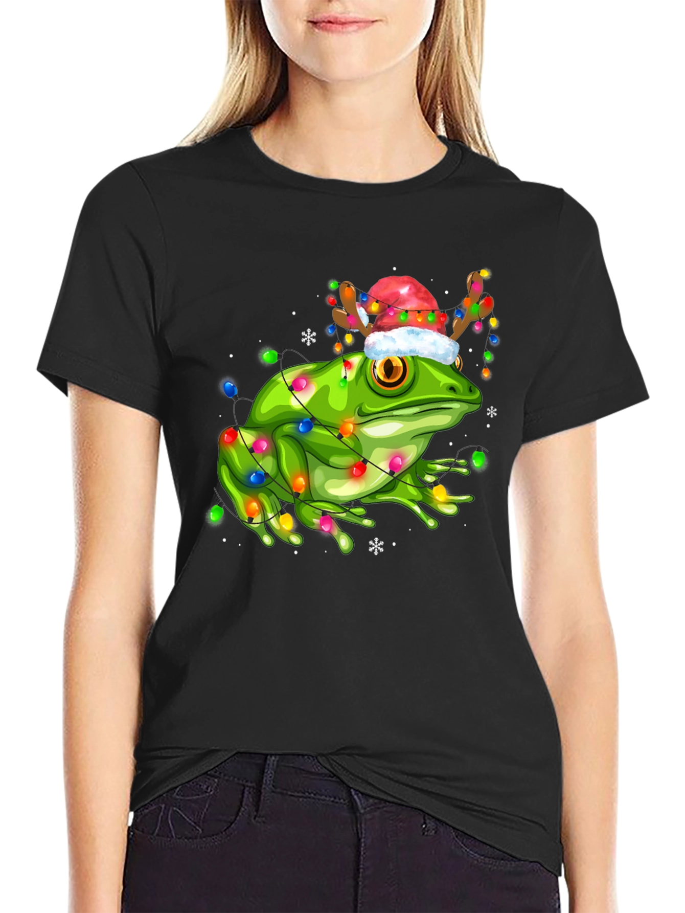 Black Festive Frog Tee: Christmas Lights & Reindeer Hat view 2