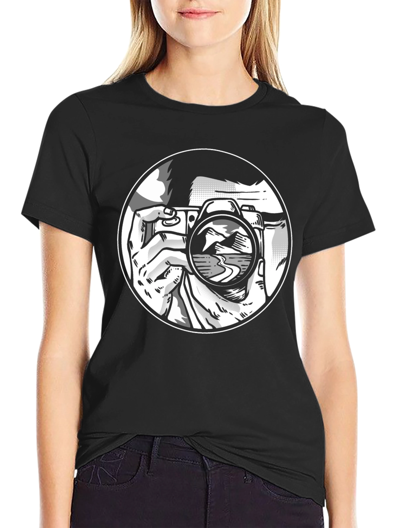 Black Photographer Graphic T-Shirt - Black Crew Neck Tee view 2