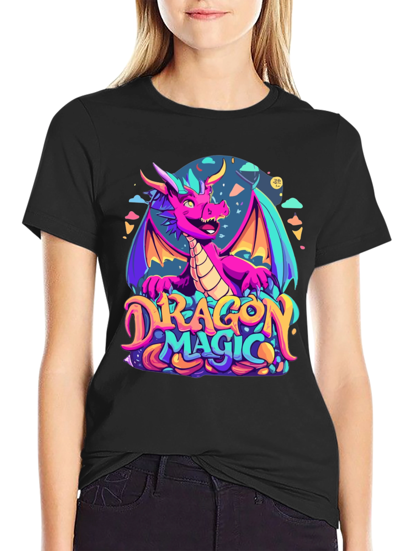 Dragon Magic Graphic Tee - Fantasy Style Black T-Shirt - 2