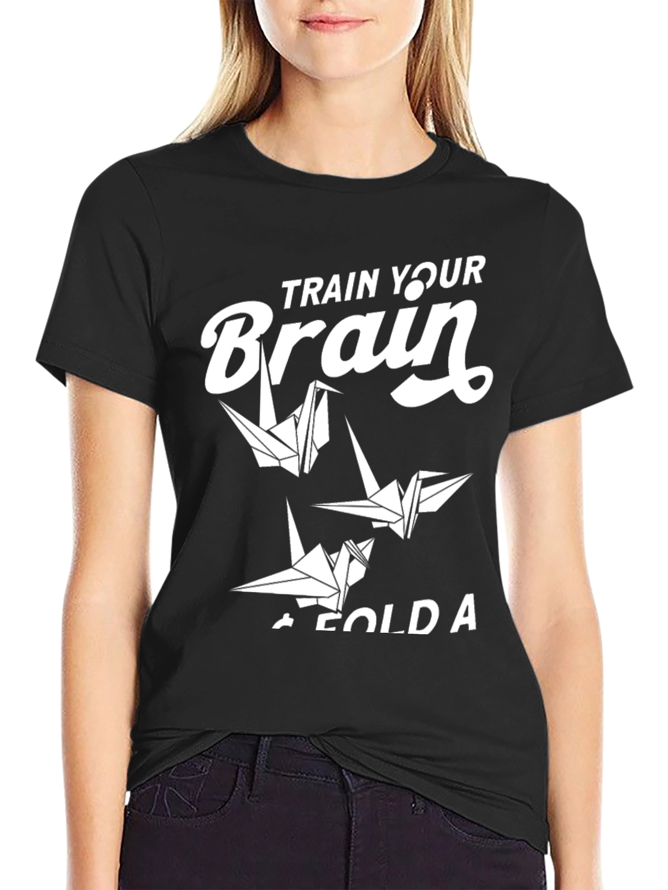 Black Train Your Brain - Fold a Crane T-Shirt view 2