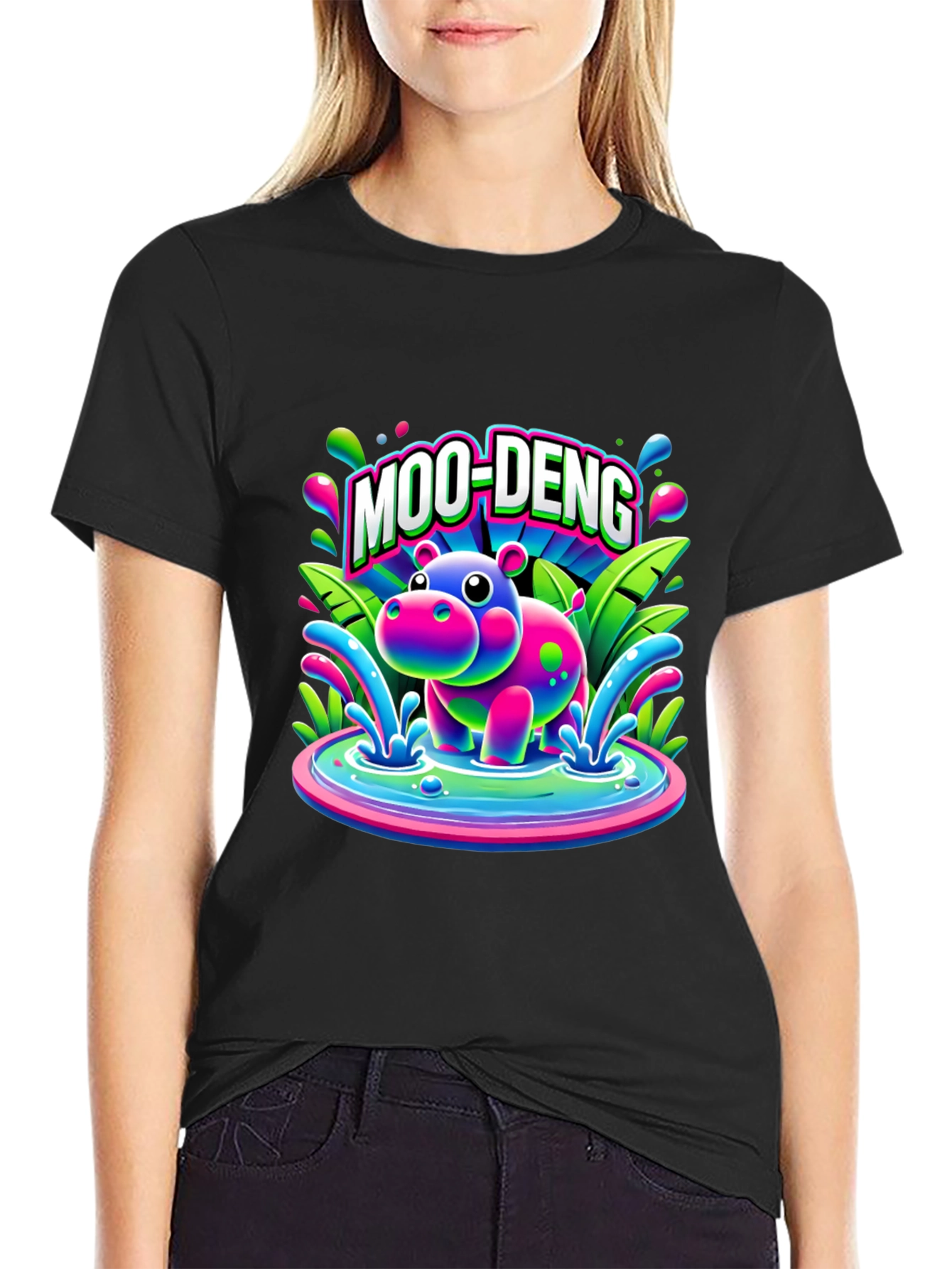 Black Moo-Deng Hippo Graphic T-Shirt view 2