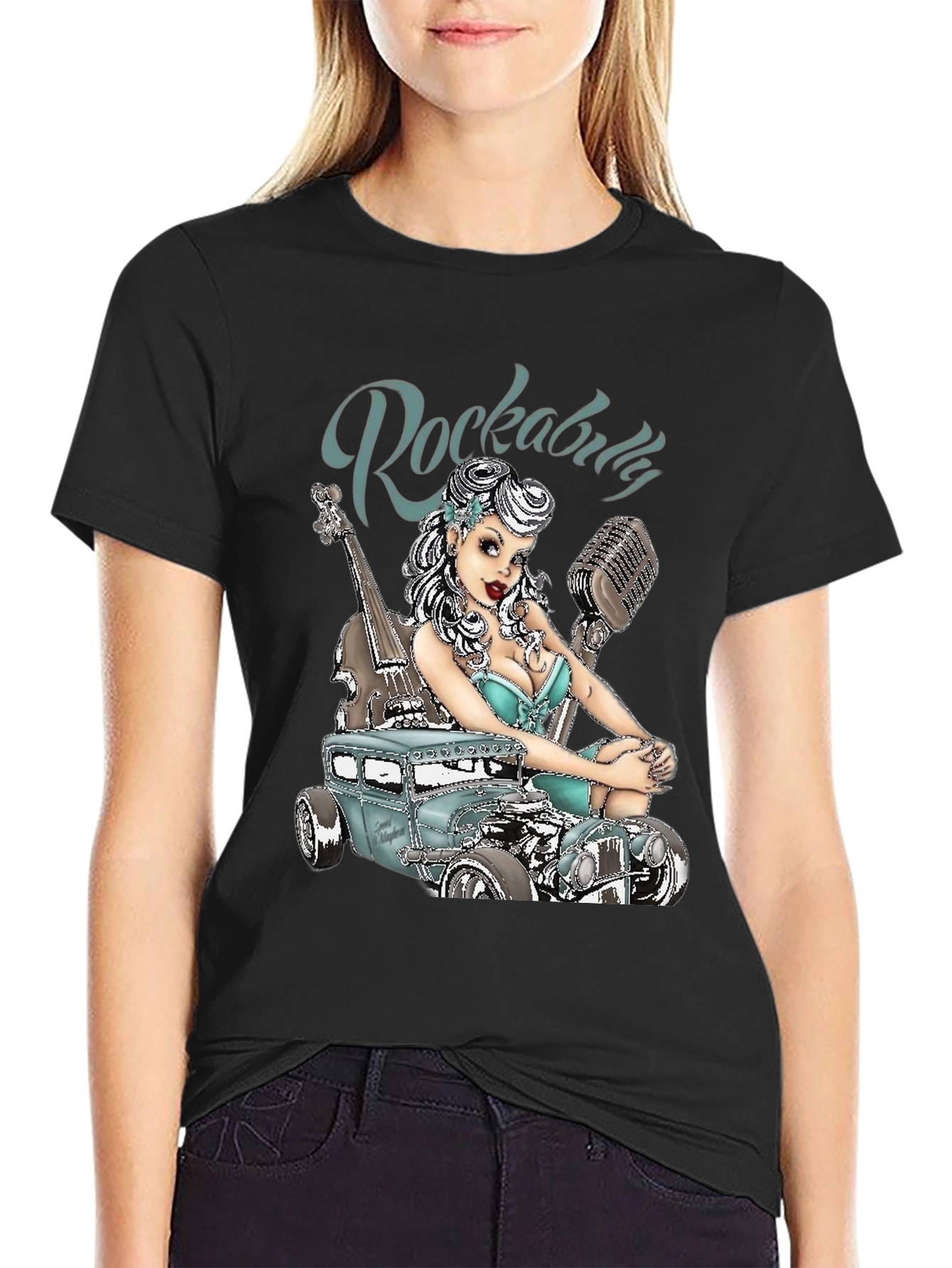 Black Rockabilly Style T-Shirt with Car & Pin-up Girl Design view 2