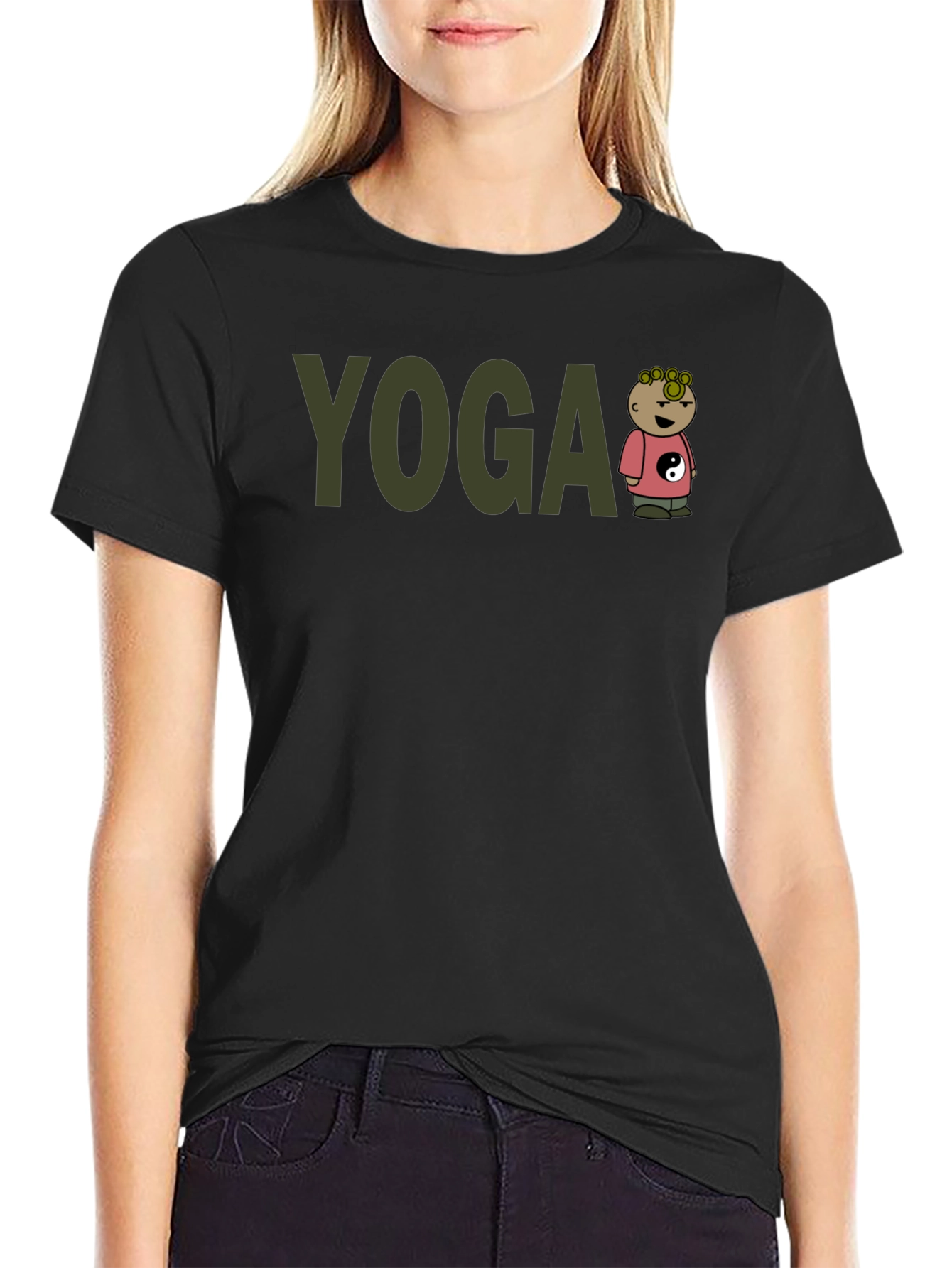 Black Yoga Cartoon Character T-Shirt view 2