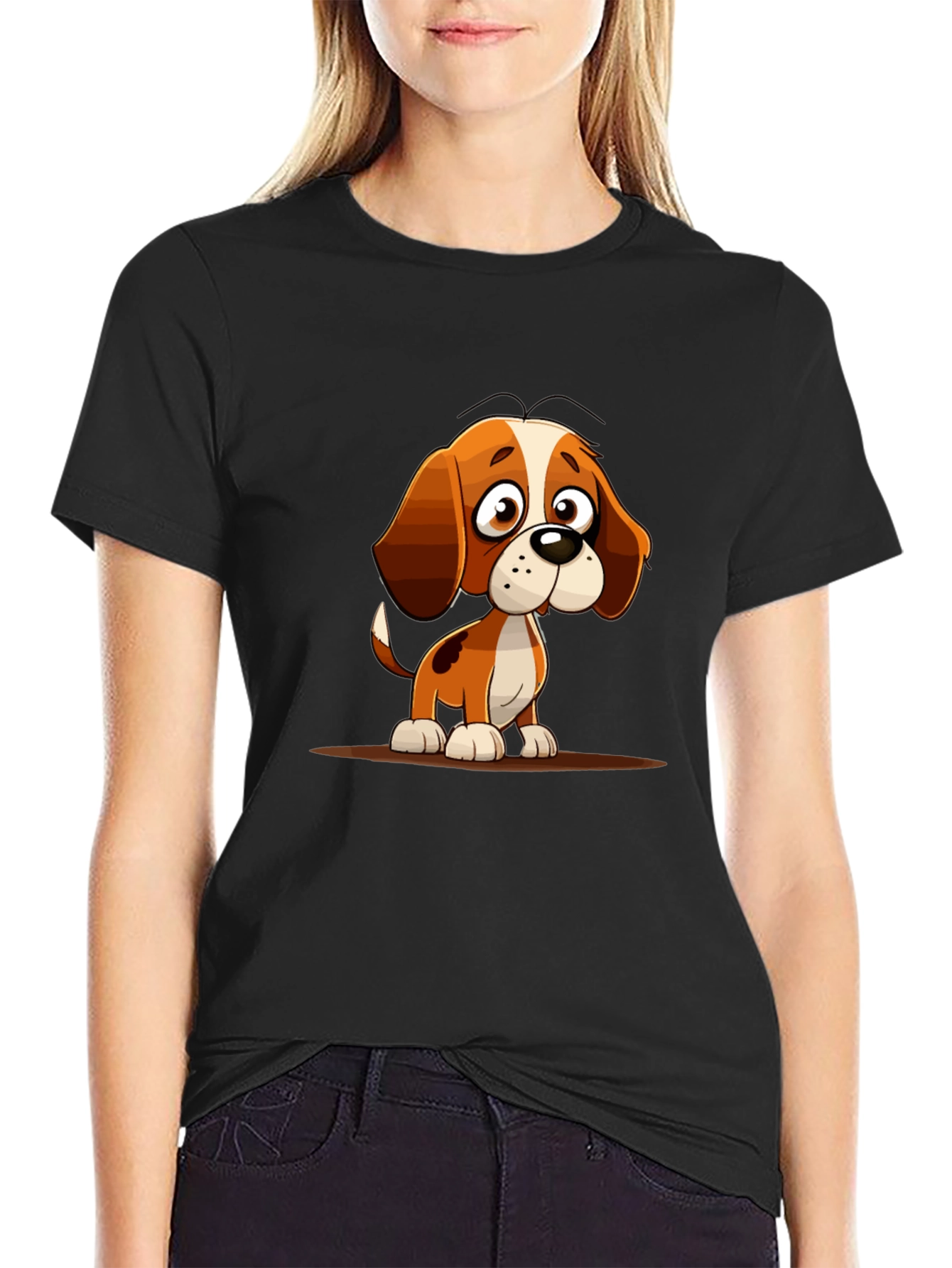 Black Cute Cartoon Dog Graphic Tee - Unisex view 2