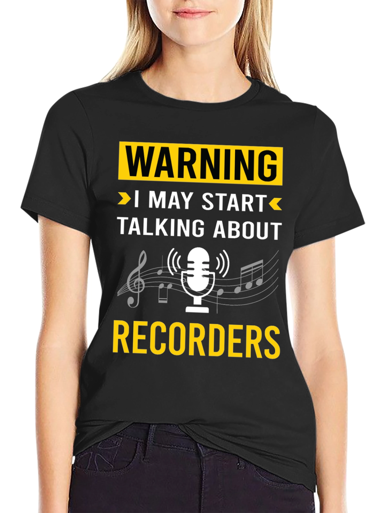 Black Warning Recorder T-Shirt: Music Lover's Tee view 2