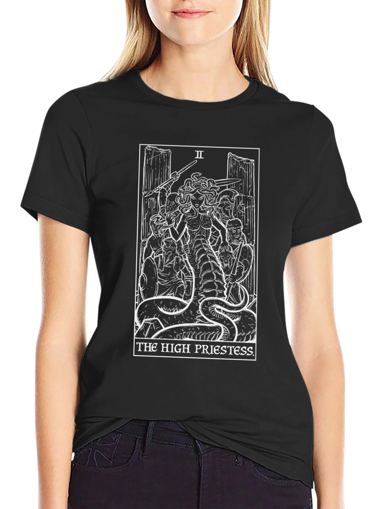 Black The High Priestess Tarot Card Black T-Shirt view 2