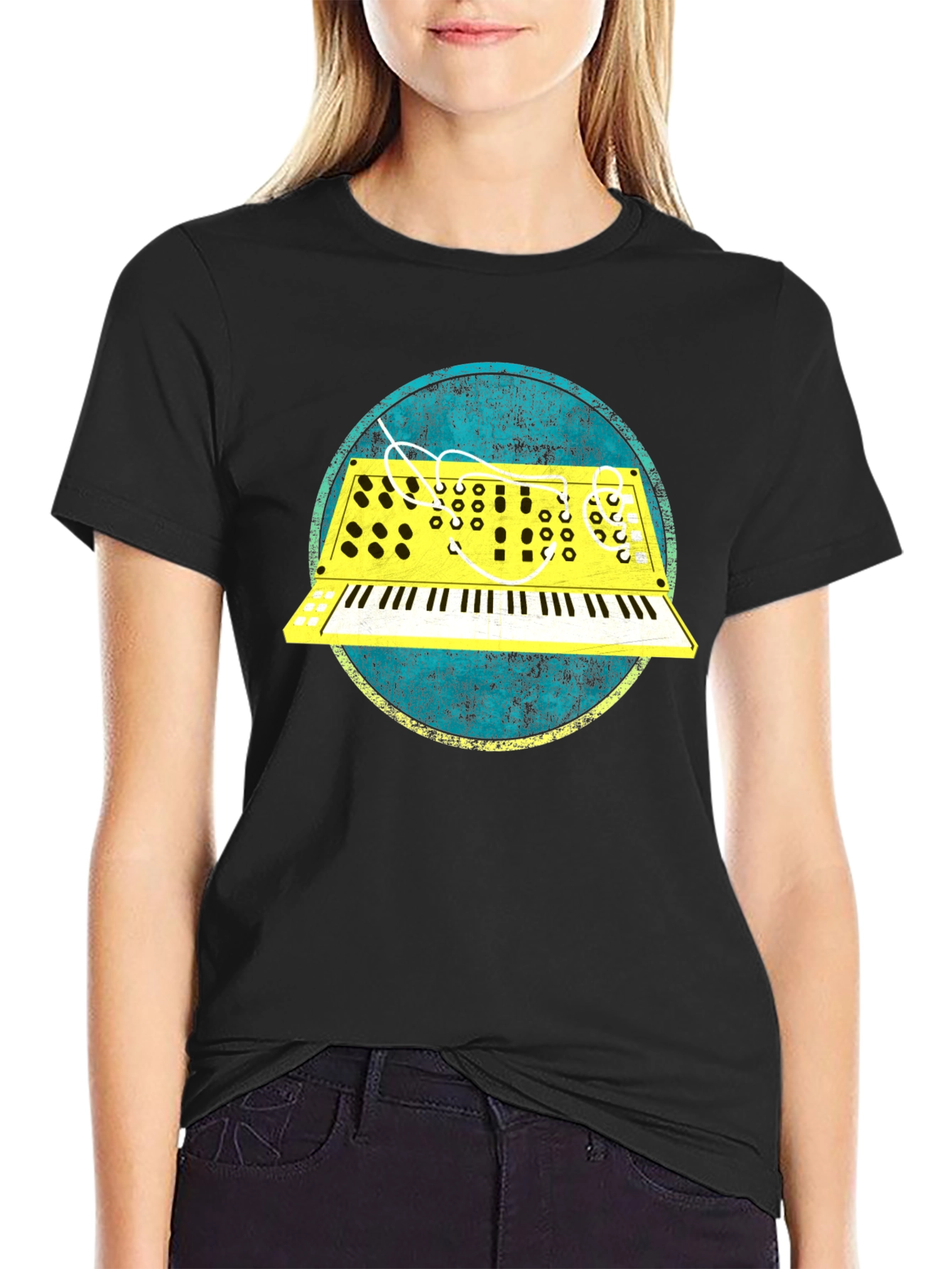 Black Retro Synth Graphic Tee - Vintage Keyboard T-Shirt view 2