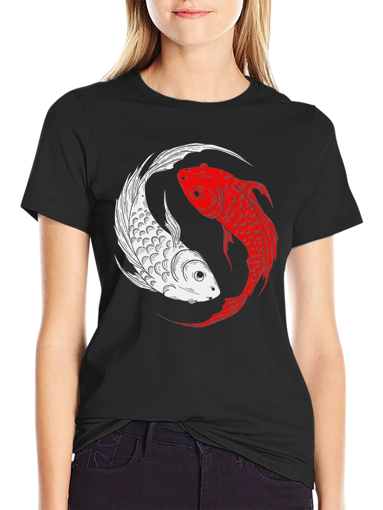 Black Yin Yang Koi Fish Graphic T-Shirt view 2
