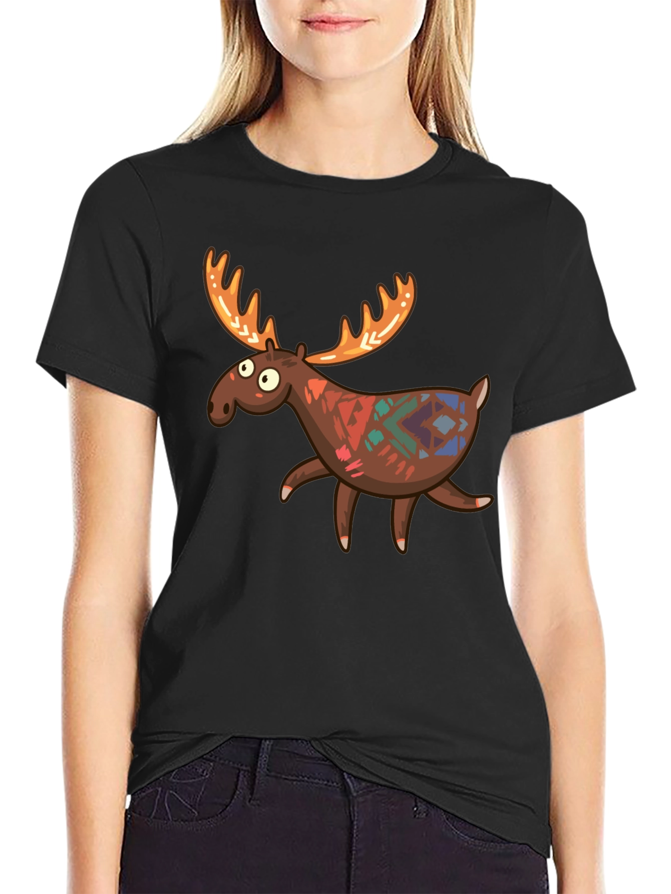 Black Funny Moose Graphic Tee - Black Cotton T-Shirt view 2