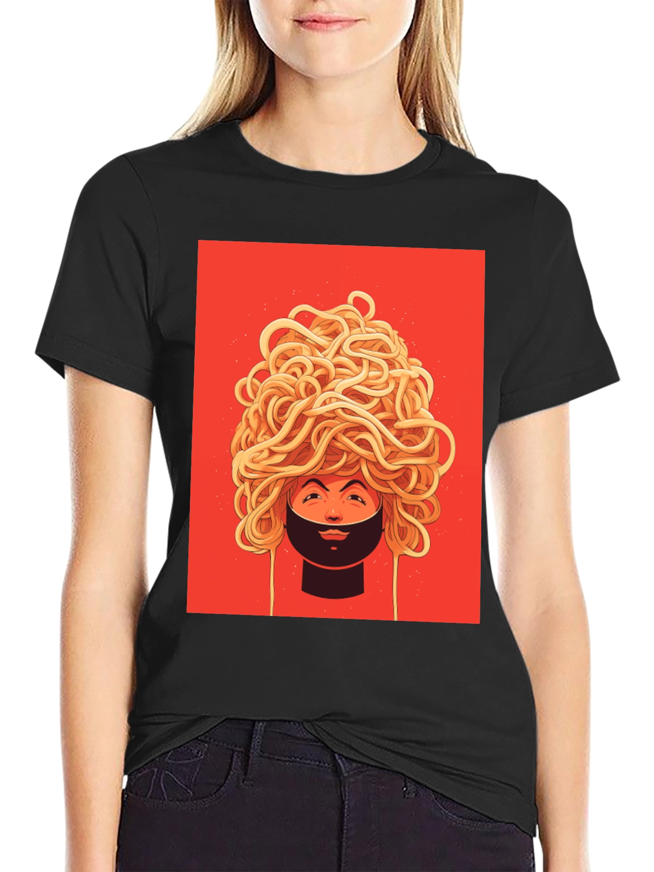 Black Spaghetti Head Graphic Tee - Quirky Unisex T-Shirt view 2
