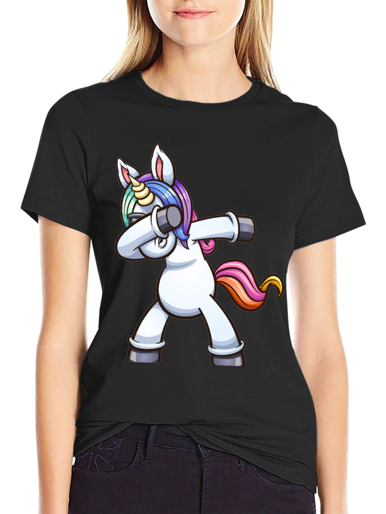 Black Dabbing Unicorn Graphic Tee - Black Cotton Shirt view 2