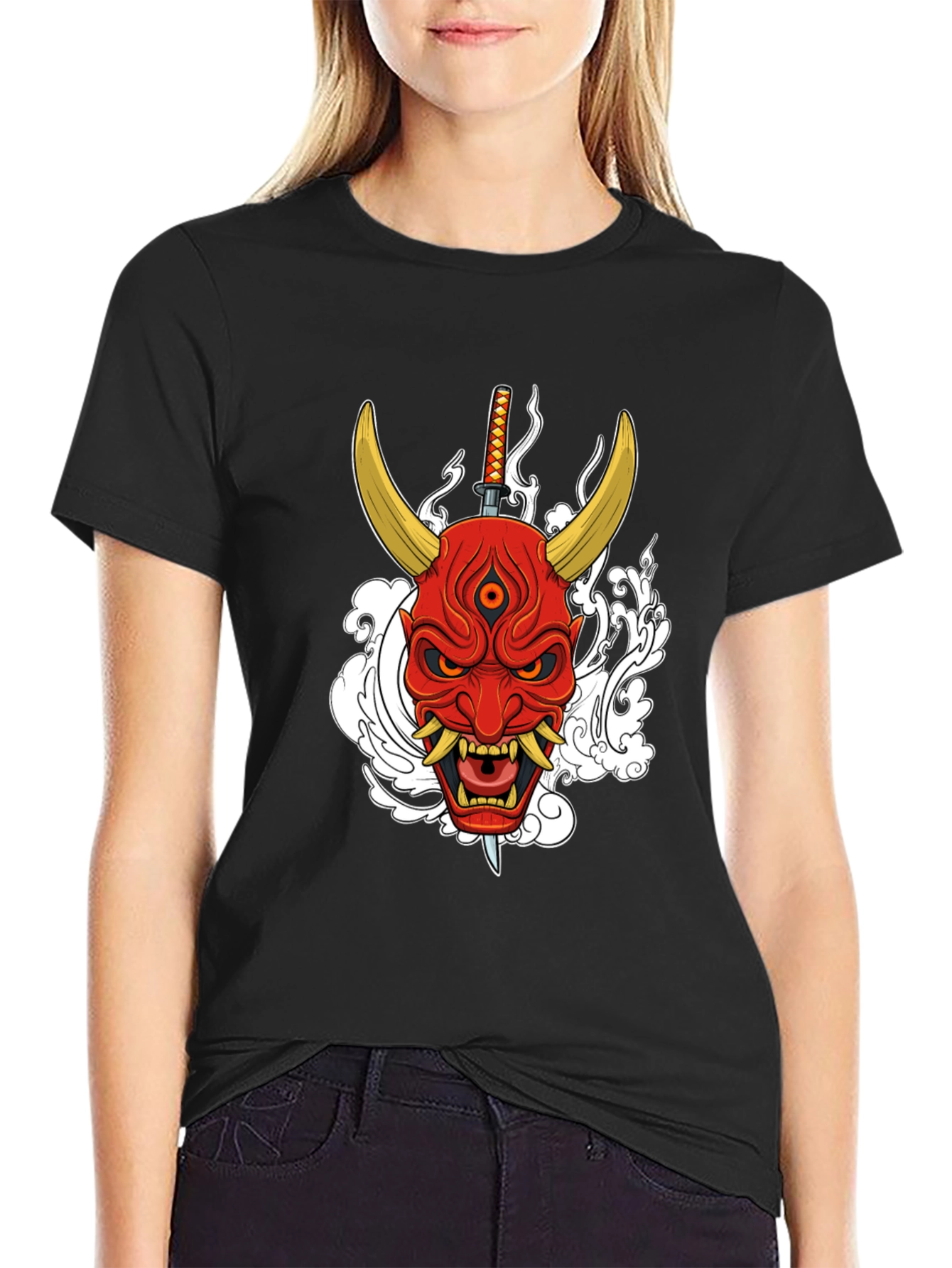Black Samurai Oni Mask Graphic T-Shirt view 2