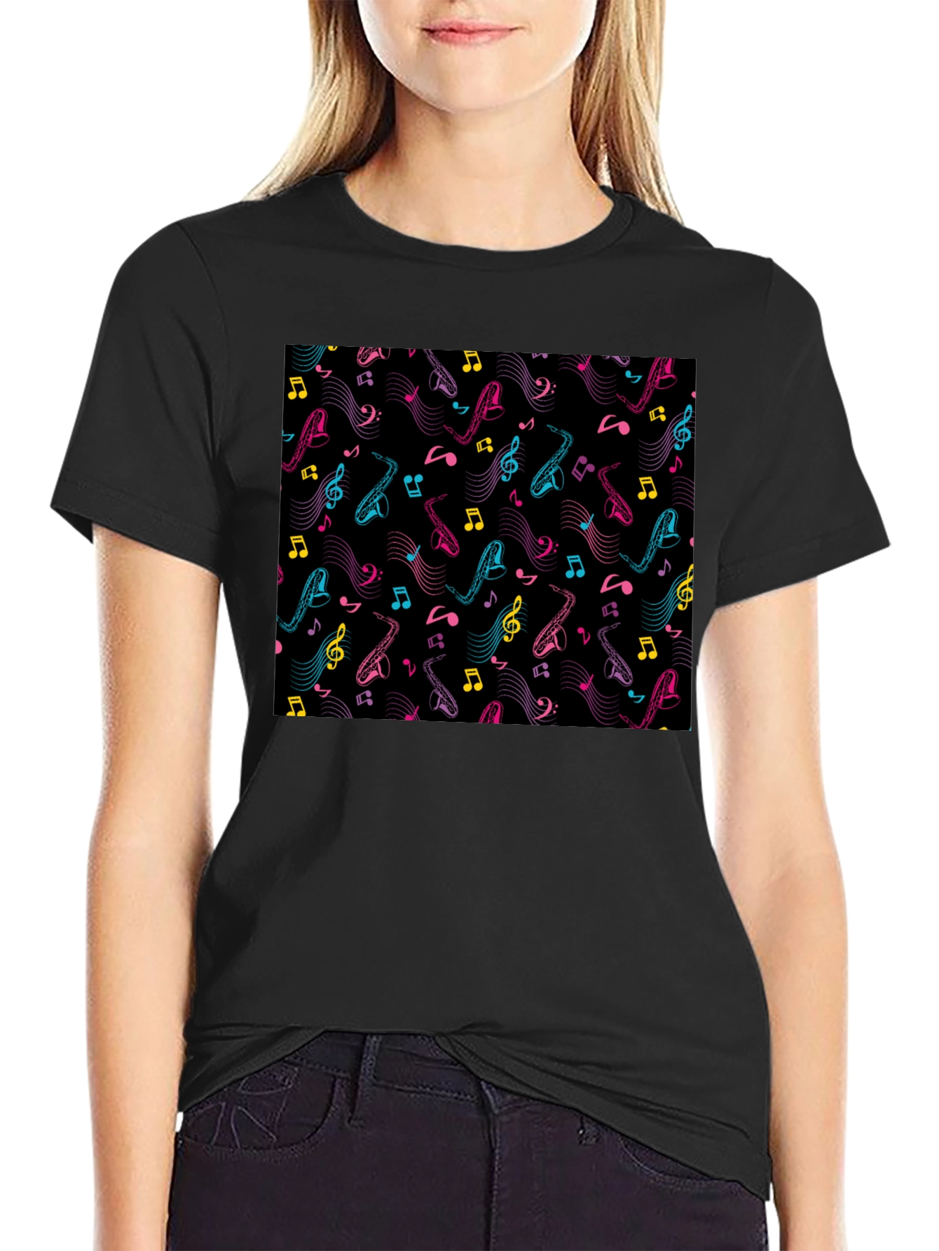 Black Musical Saxophone Pattern T-Shirt - Black view 2
