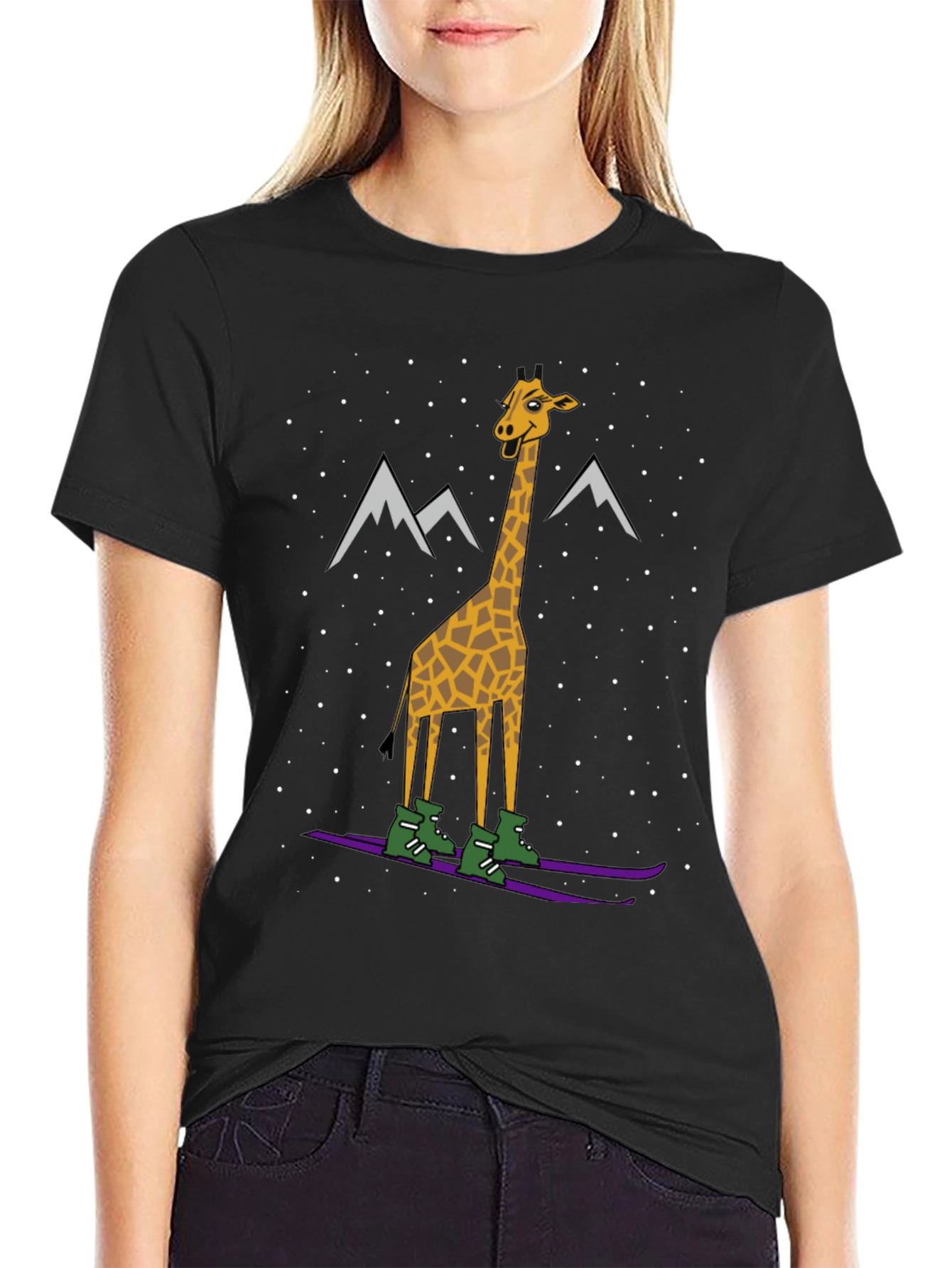 Black Skiing Giraffe Graphic Tee - Unique Winter Holiday T-Shirt view 2