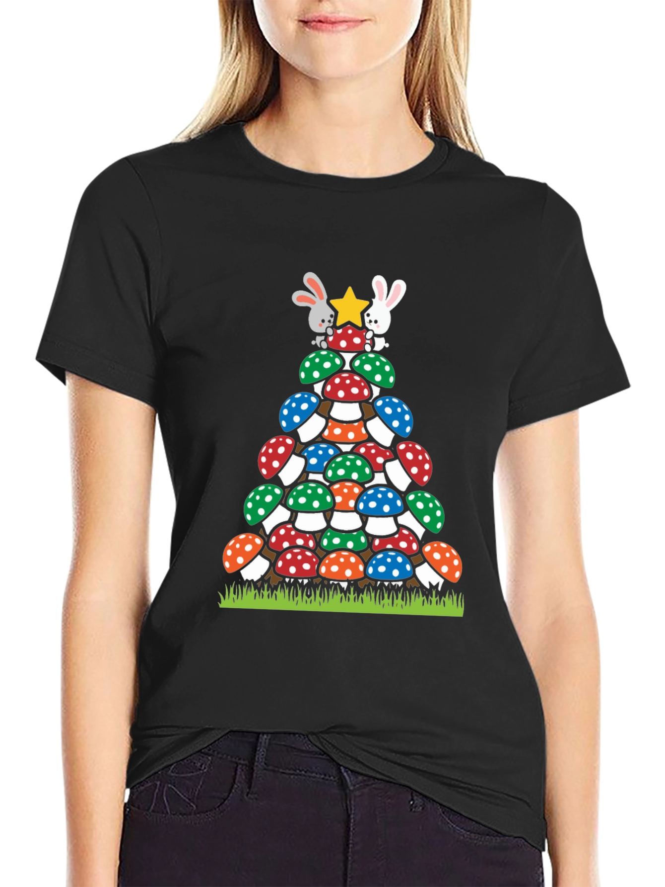 Black Mushroom Christmas Tree T-Shirt view 2