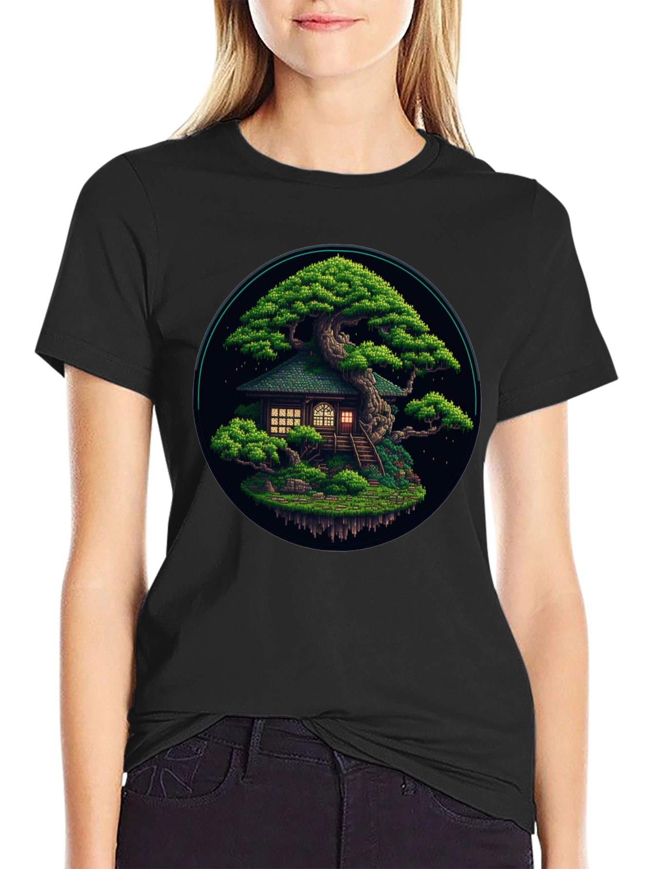 Black Pixel Art Bonsai Tree House Black T-Shirt view 2
