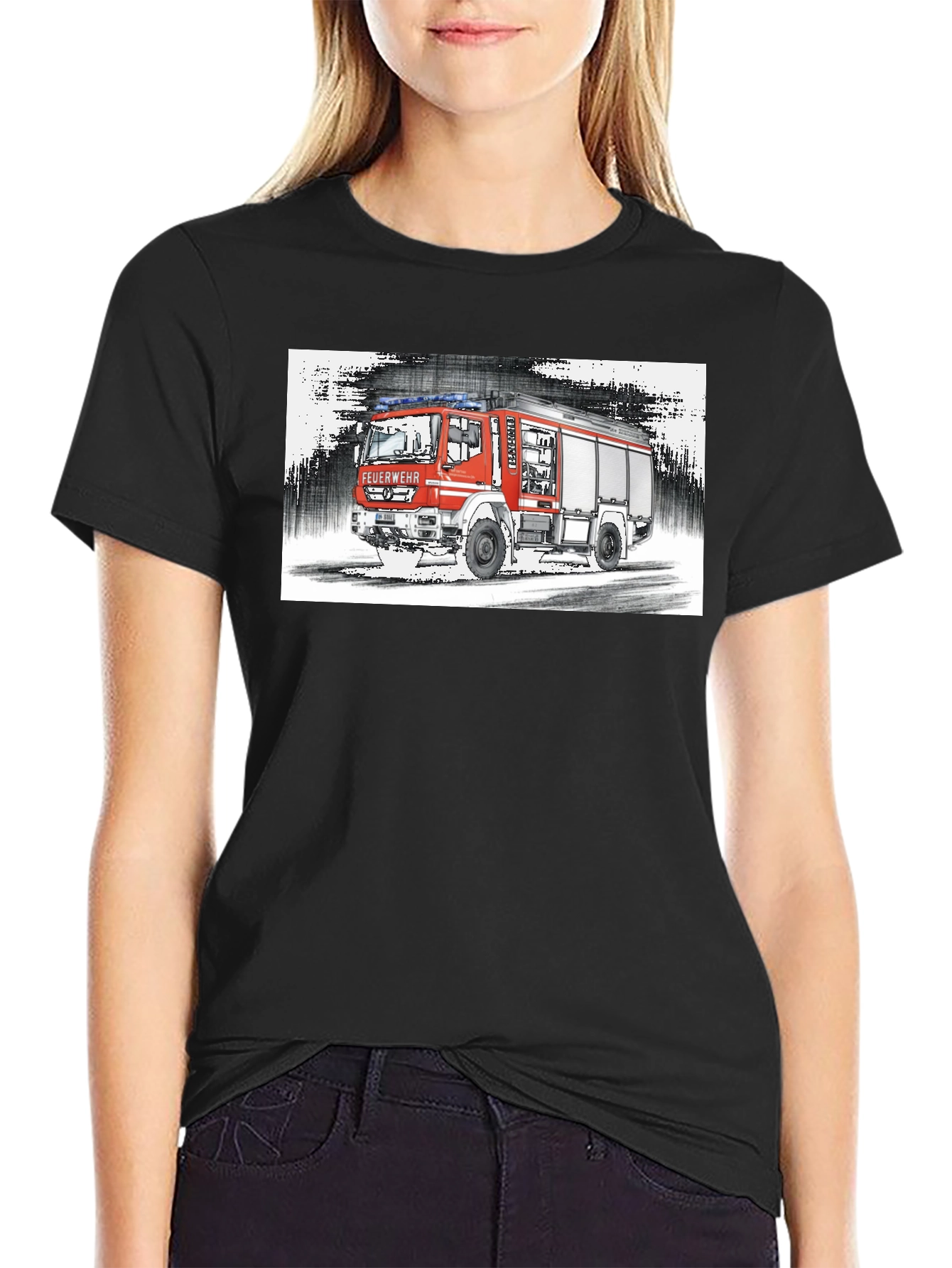Black Fire Truck Graphic Tee - Black Cotton T-Shirt view 2