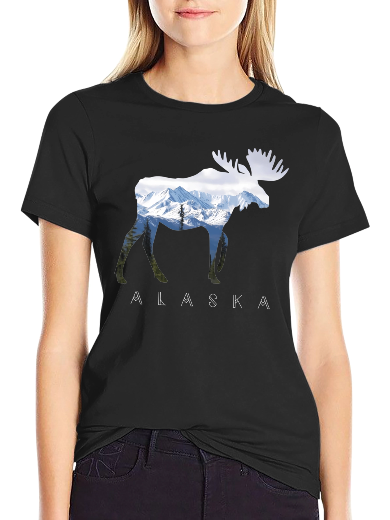 Black Alaska Moose Graphic Print T-Shirt view 2
