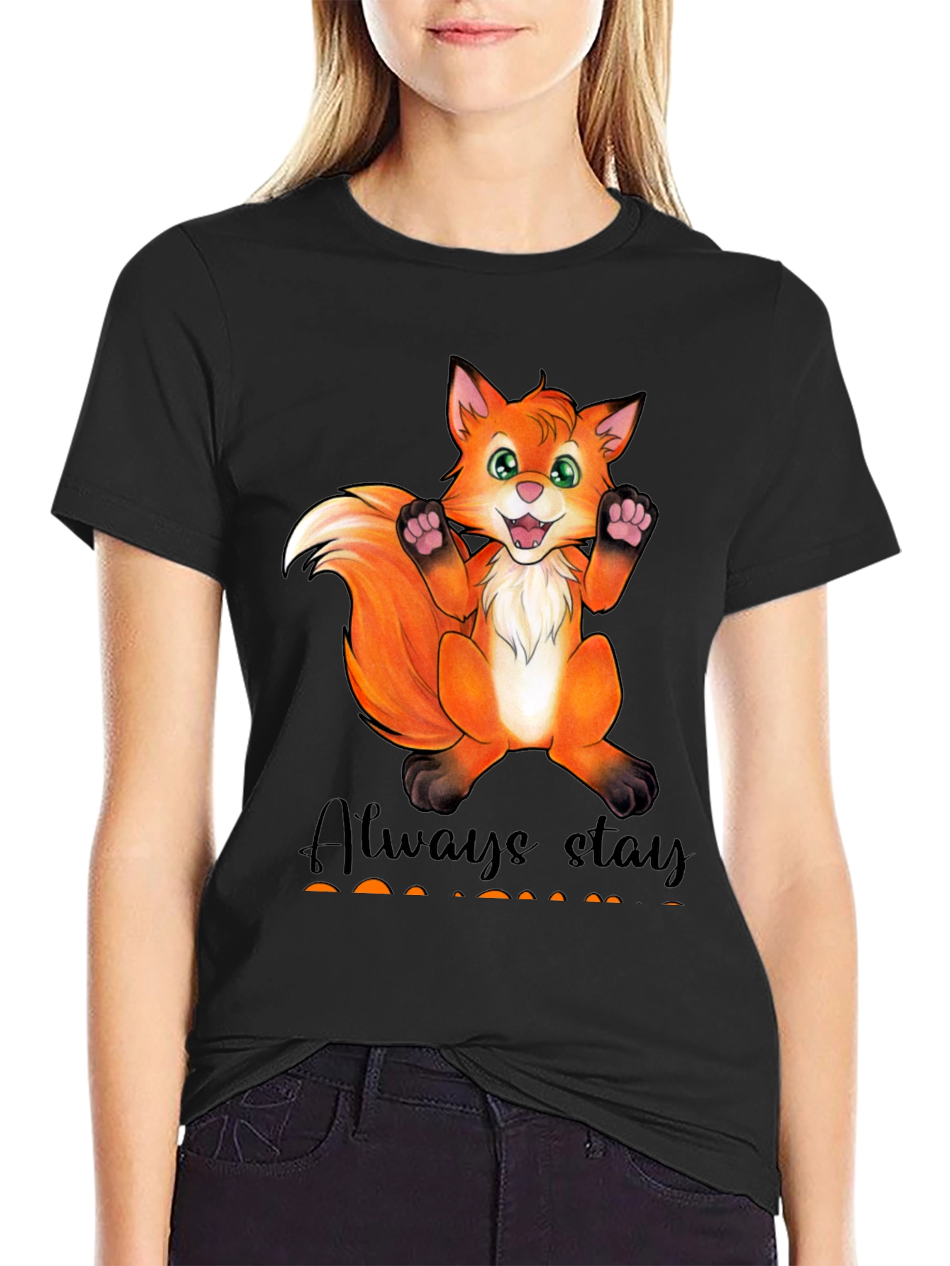 Black Cute Fox Graphic T-Shirt - Always Stay Humble view 2