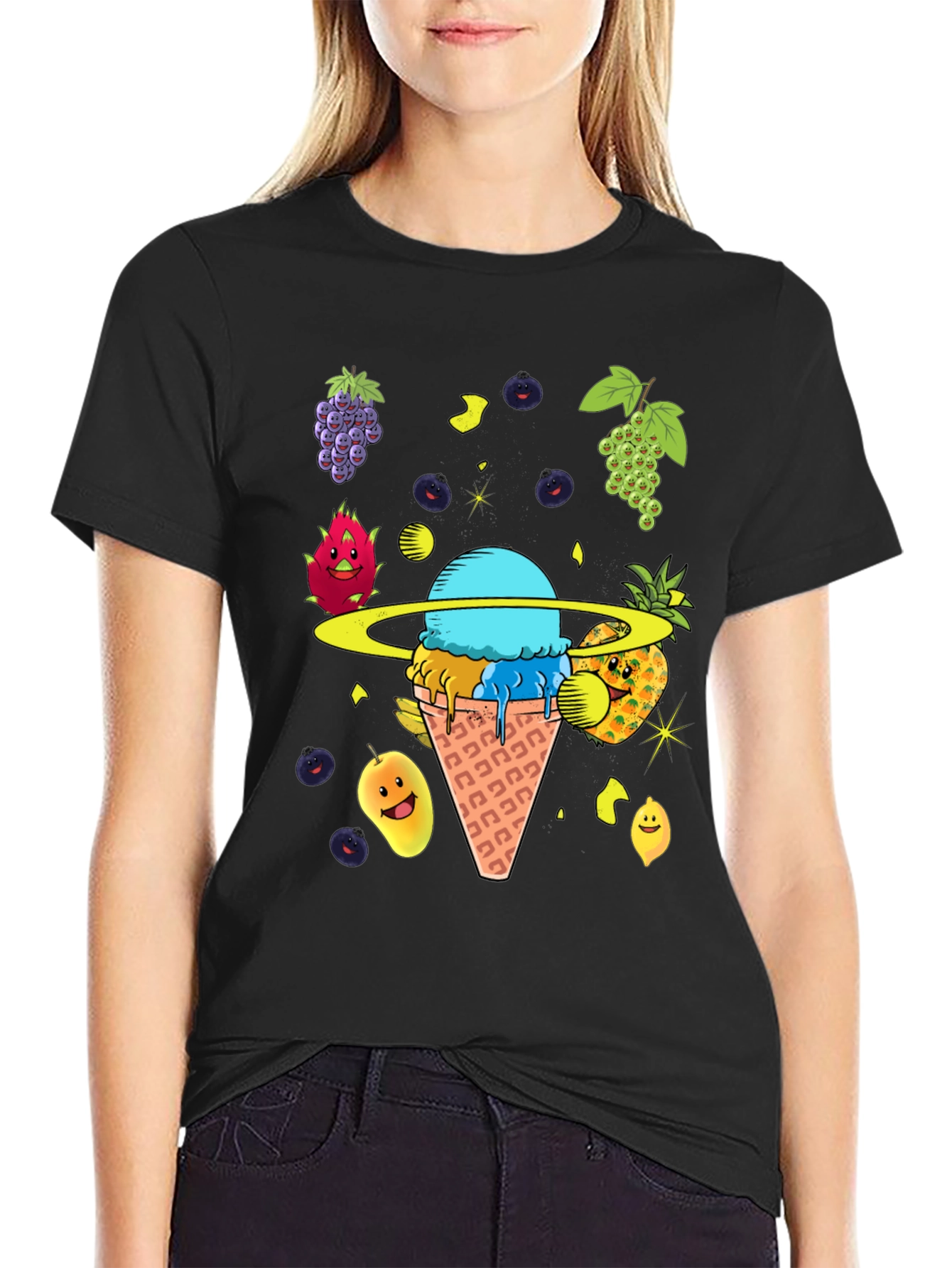 Black Fruit Ice Cream Planet Graphic T-Shirt view 2