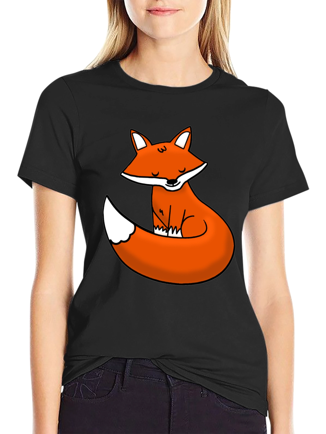 Black Cute Fox Graphic Tee - Black Cotton T-Shirt view 2