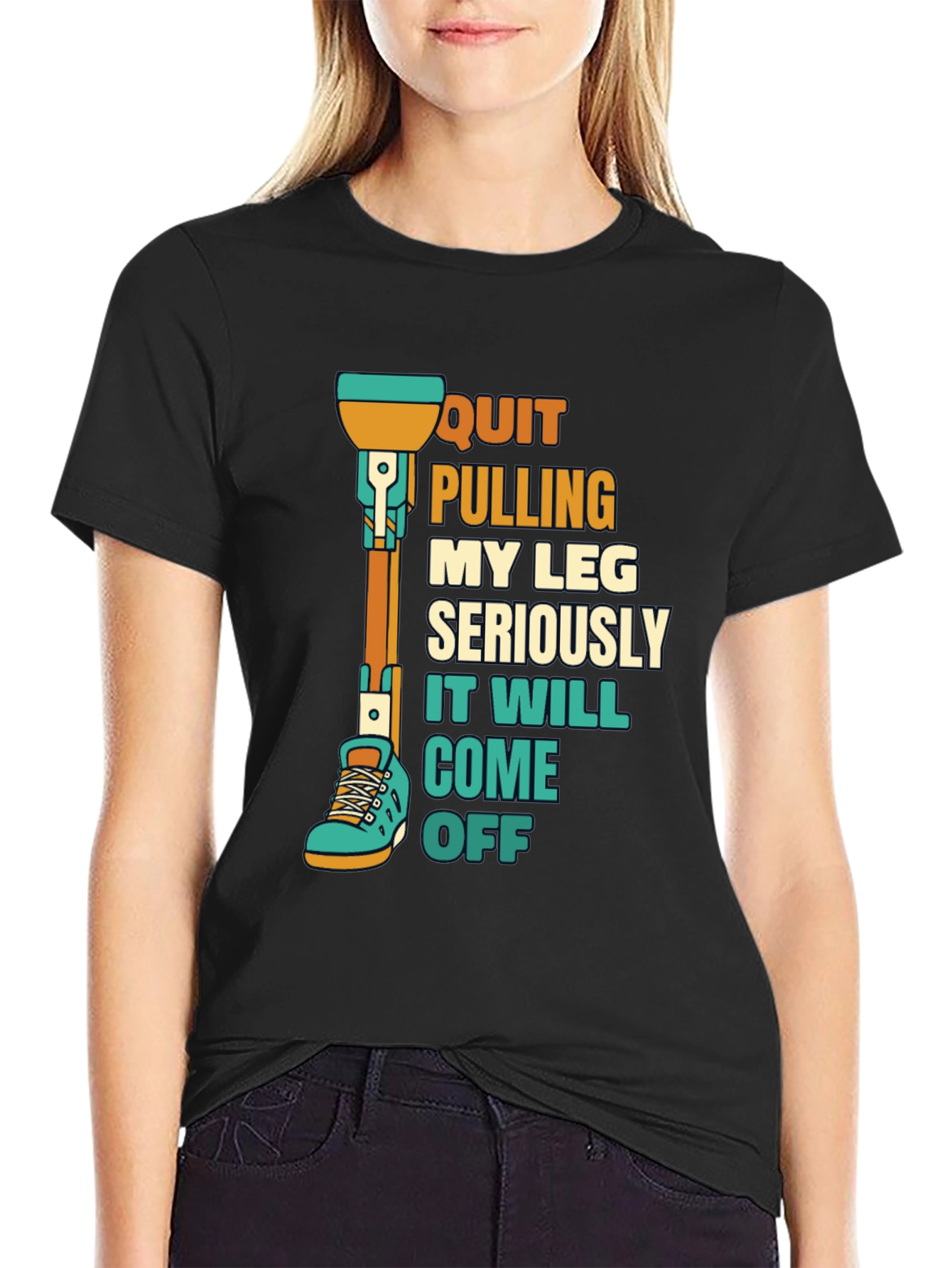 Black Quirky Leg Amputee Humor T-Shirt view 2