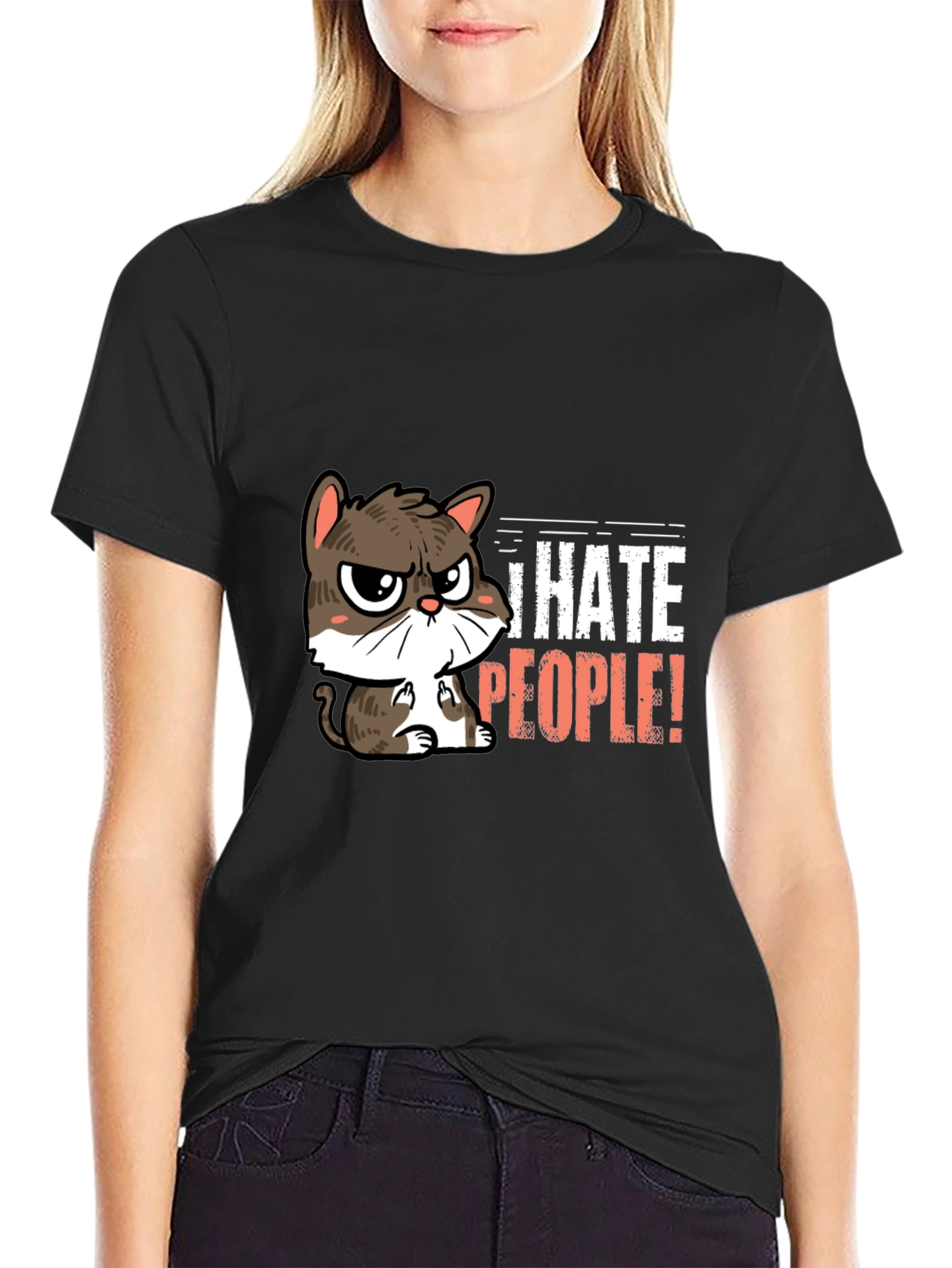Black I Hate People Cat Graphic T-Shirt view 2