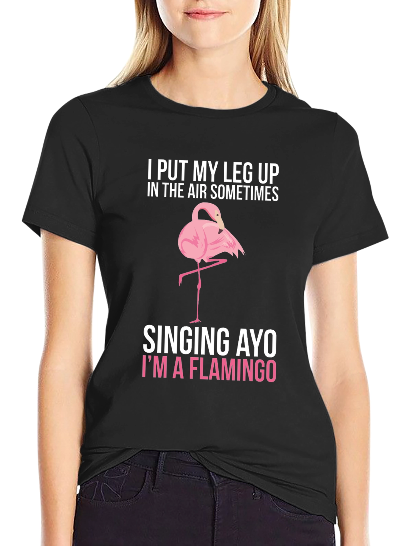 Black Funny Flamingo Graphic T-Shirt - Leg Up In The Air! view 2