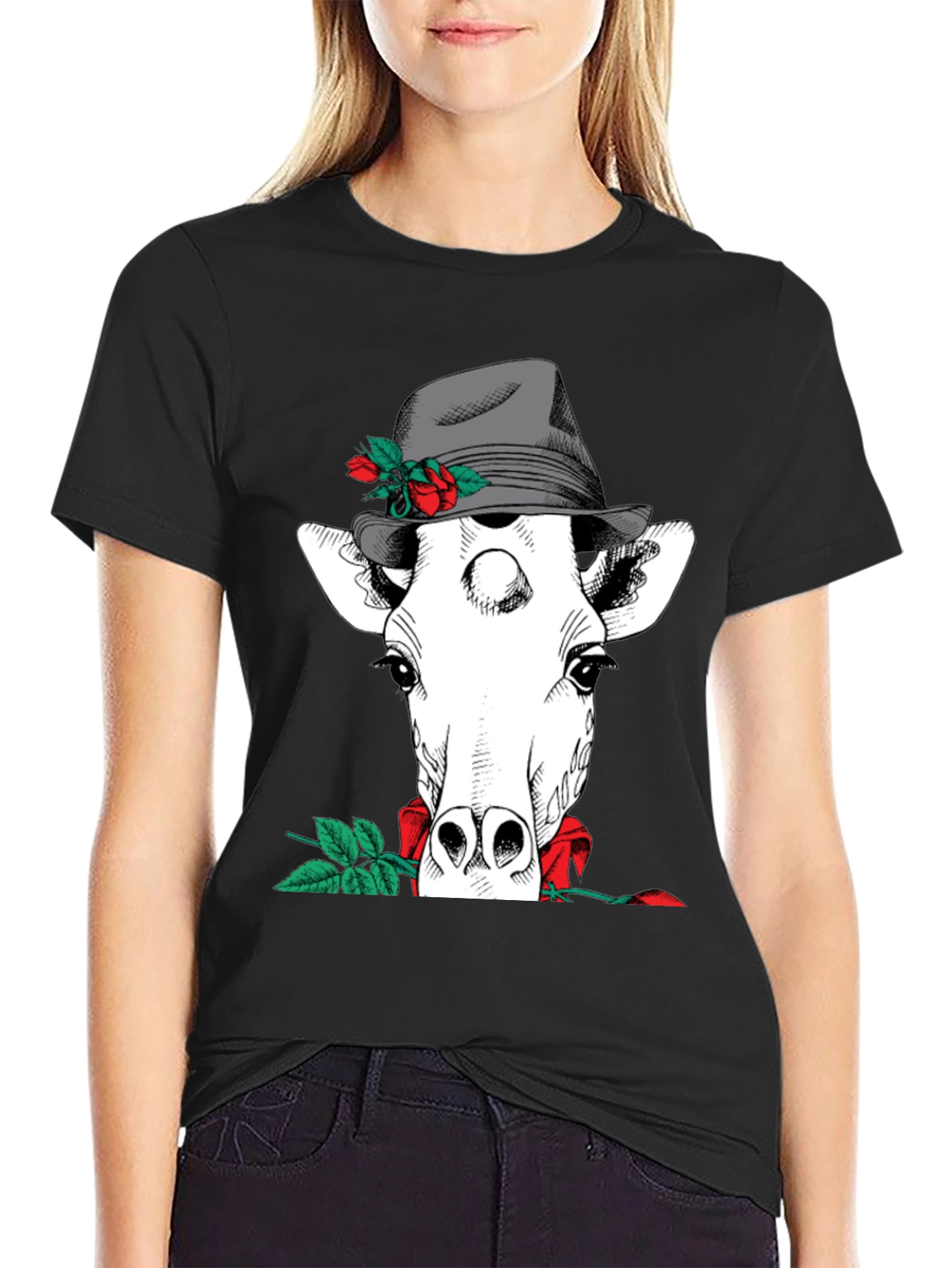 Black Giraffe in Hat Graphic Tee view 2