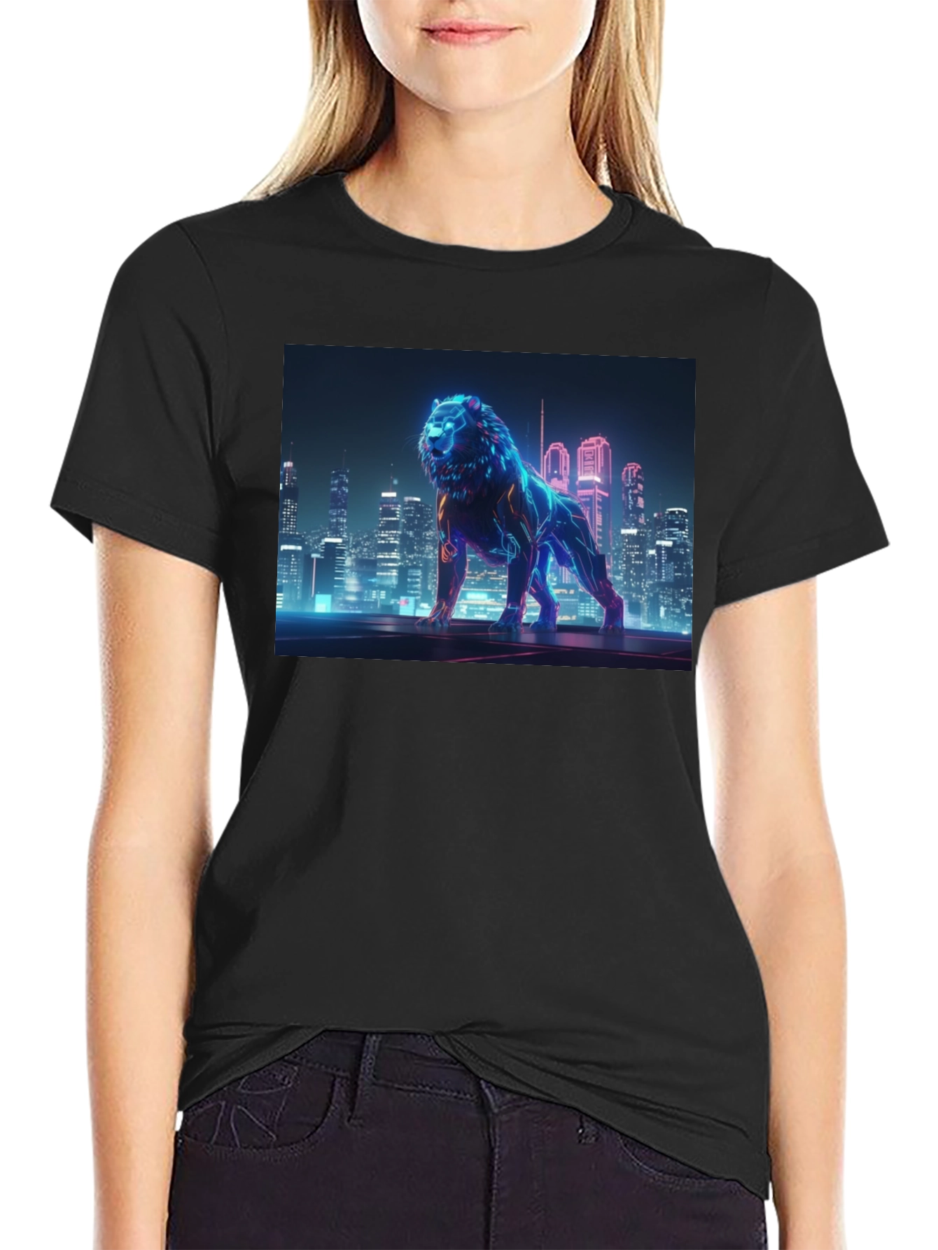 Black Neon Lion Cityscape Graphic Black Tee view 2
